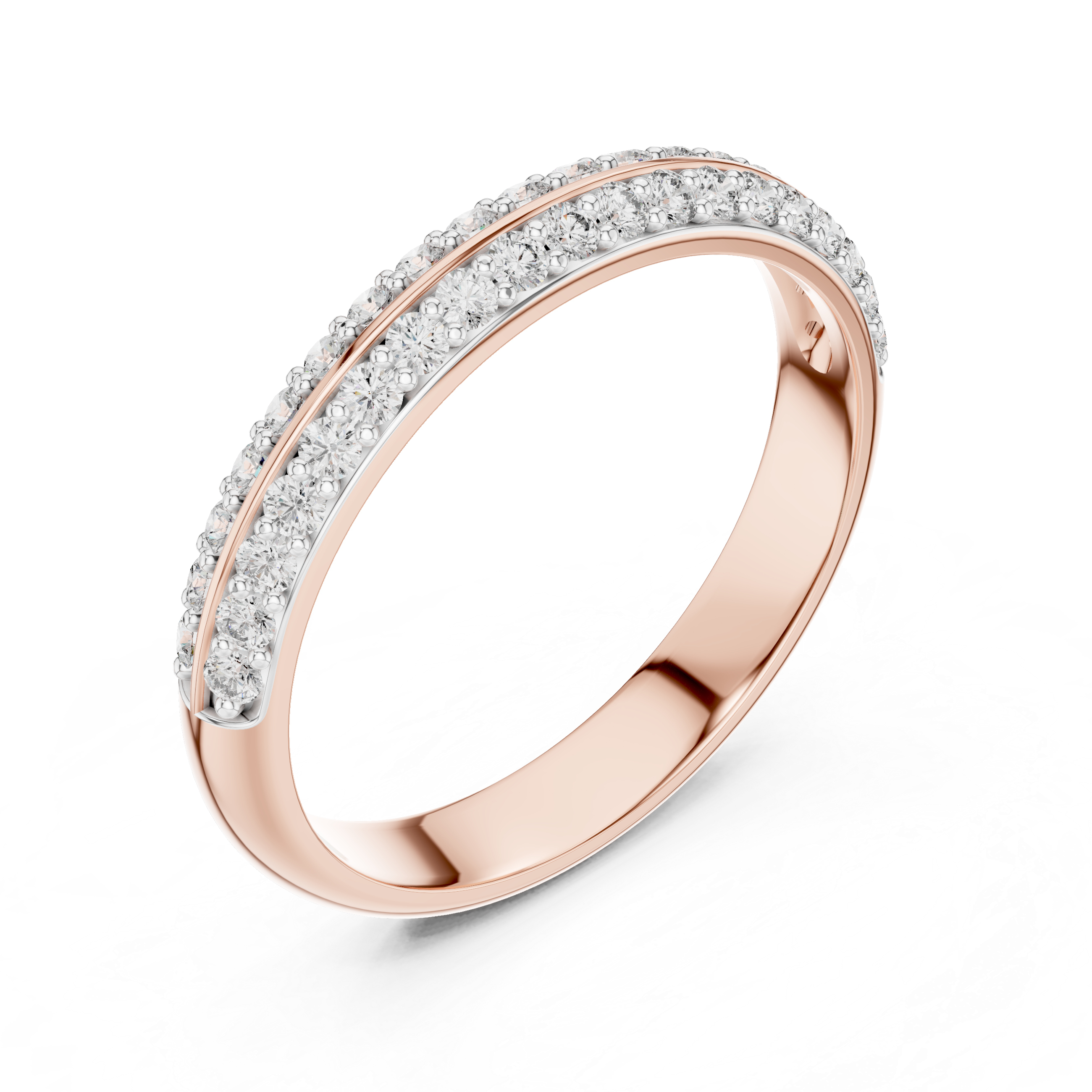 Band ring adorned with a central row of sparkling round-cut diamonds.