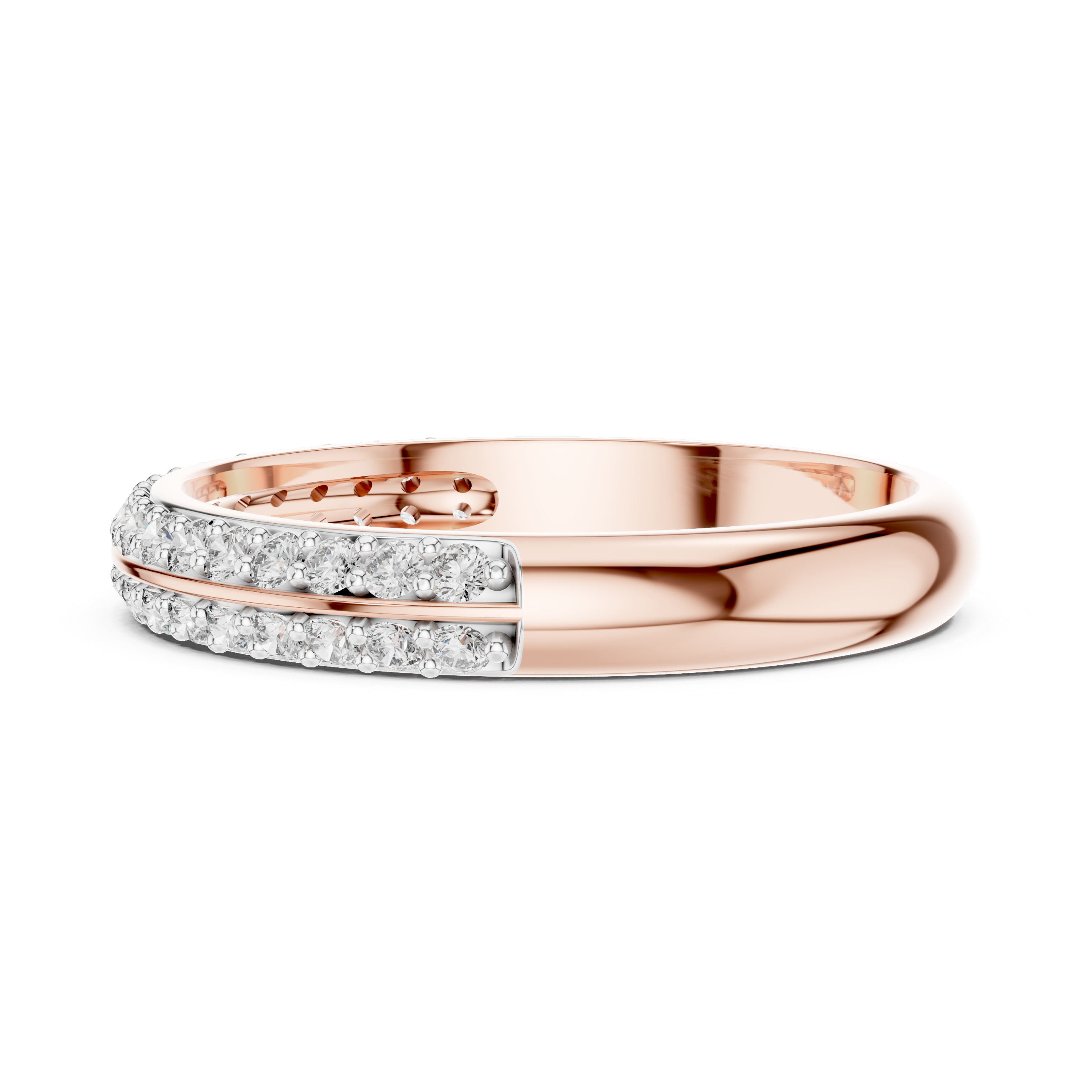 Band ring adorned with a central row of sparkling round-cut diamonds.