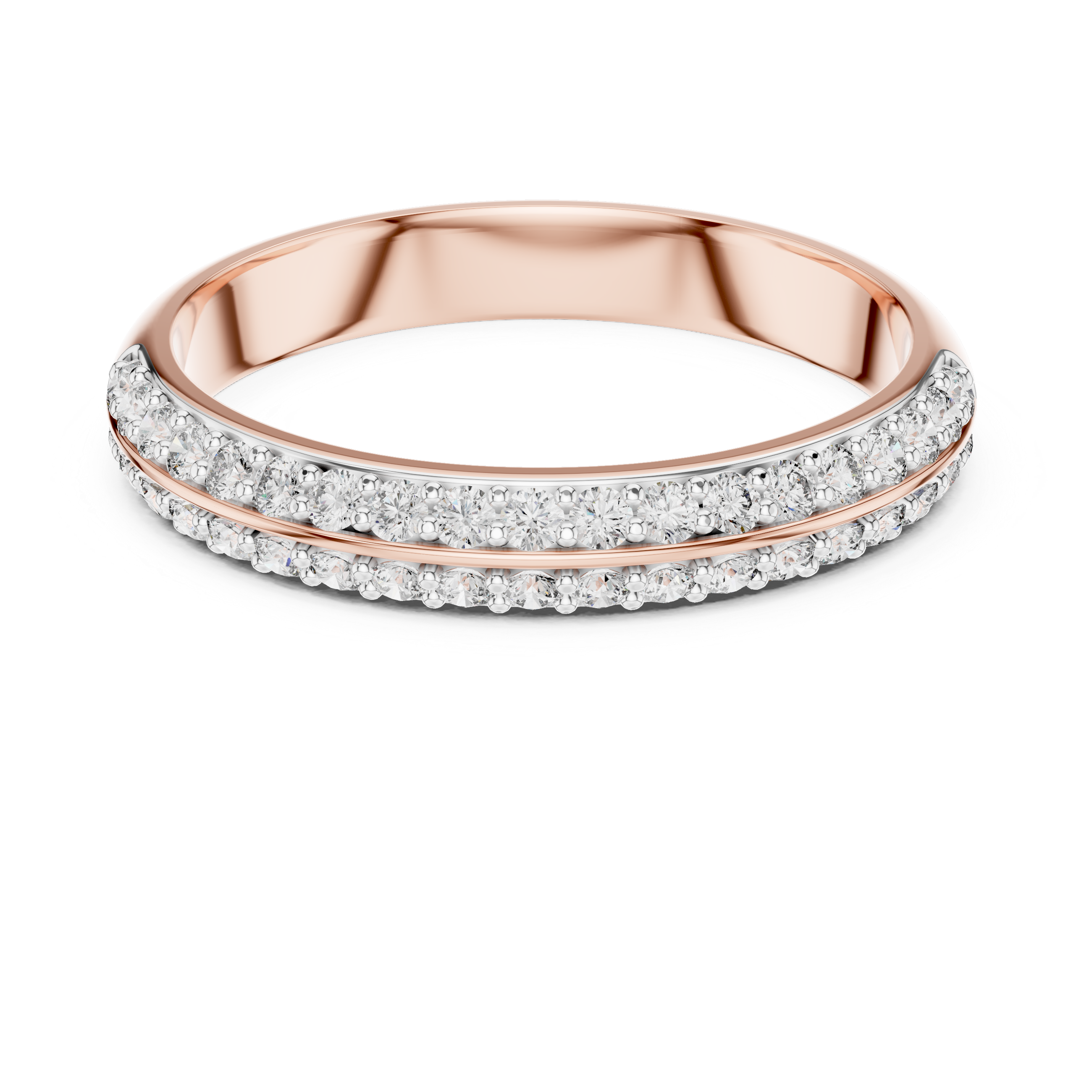 Band ring adorned with a central row of sparkling round-cut diamonds.