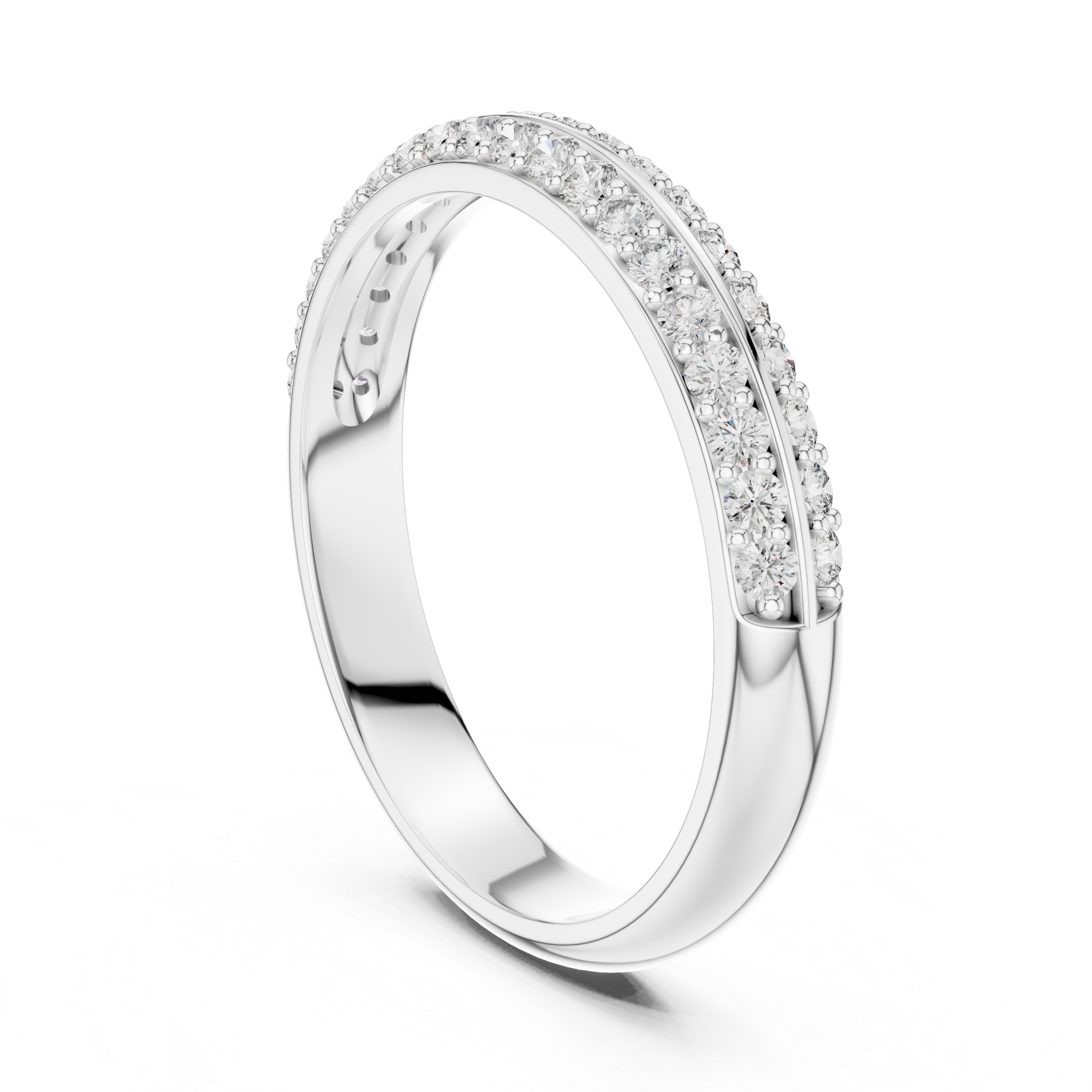 Band ring adorned with a central row of sparkling round-cut diamonds.