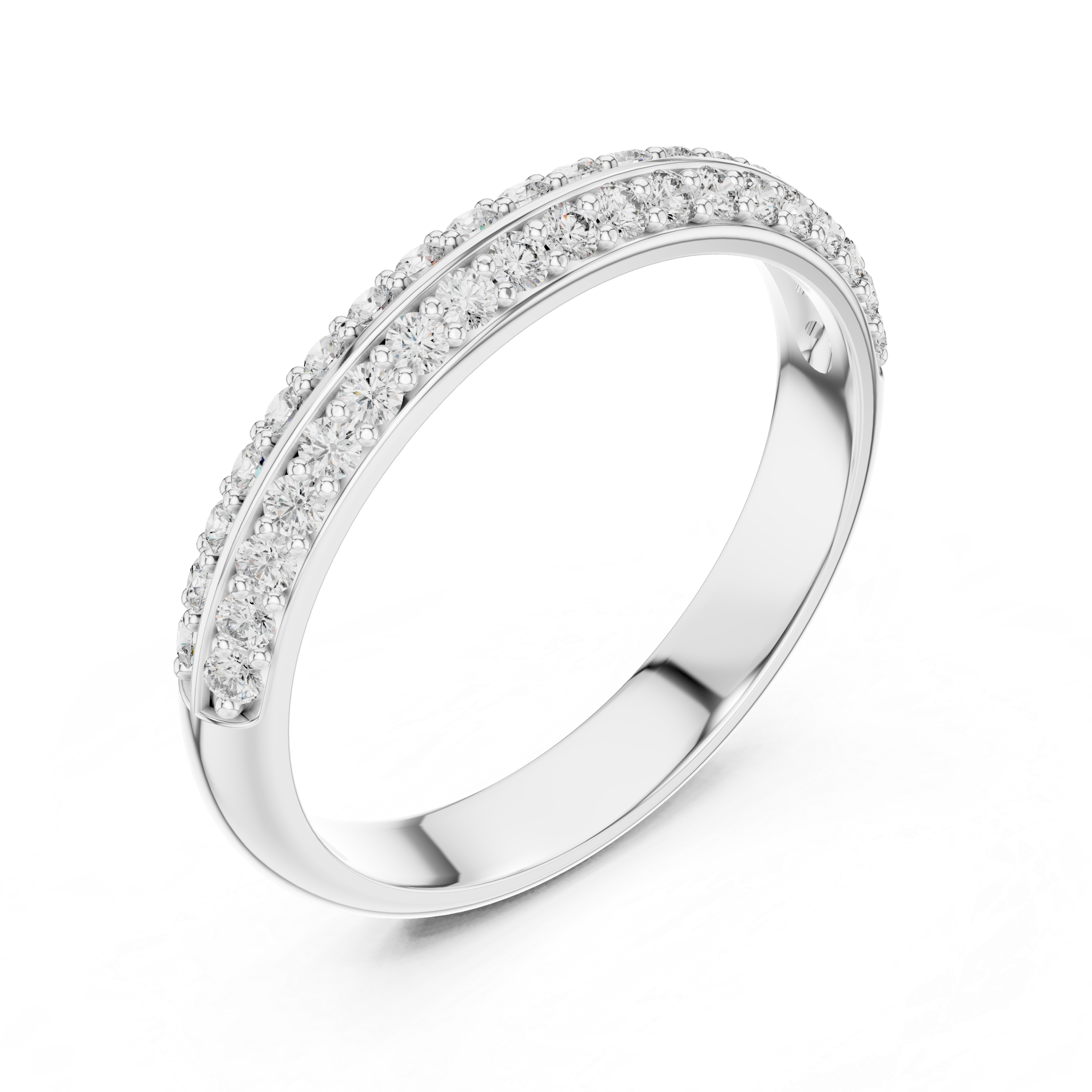 Band ring adorned with a central row of sparkling round-cut diamonds.