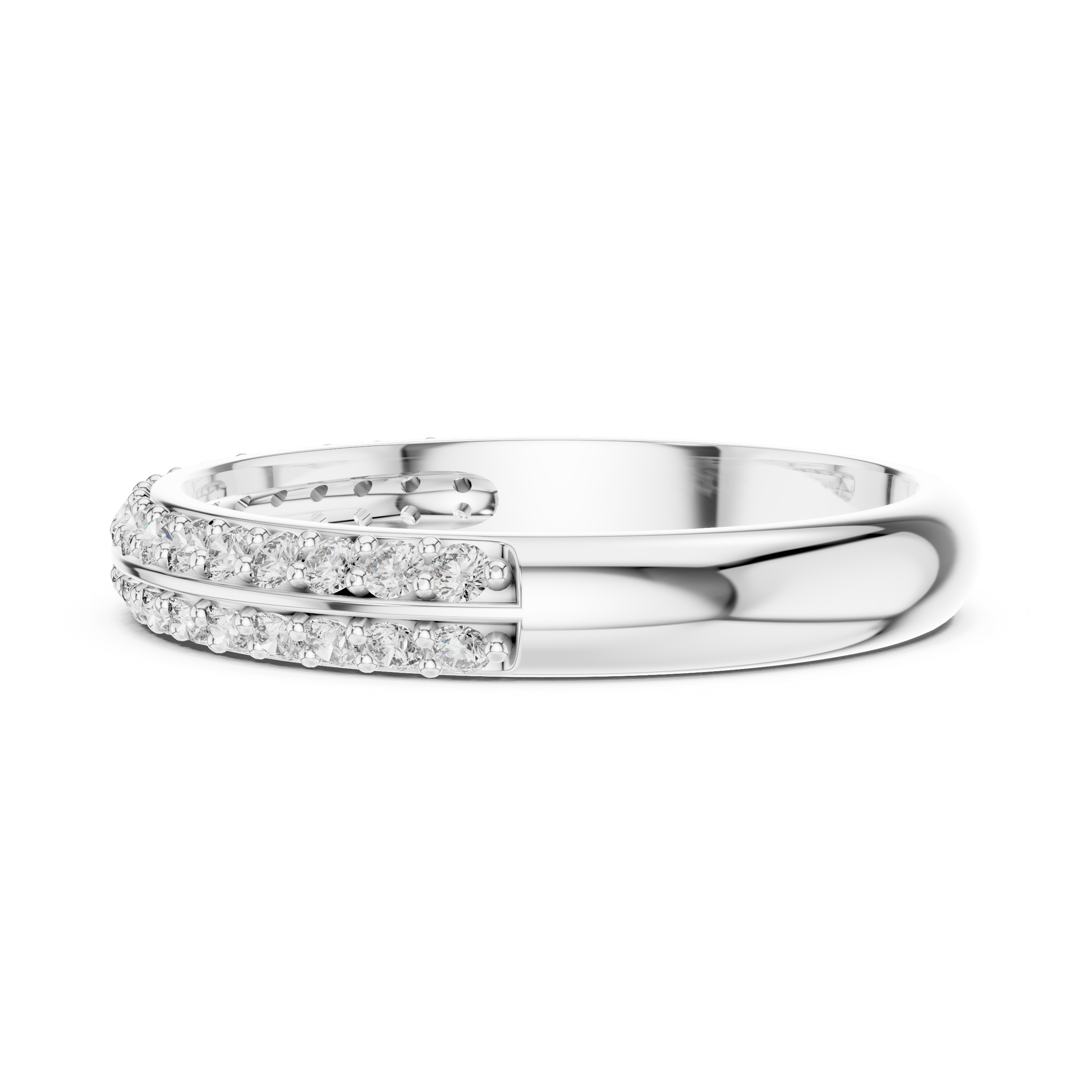 Band ring adorned with a central row of sparkling round-cut diamonds.