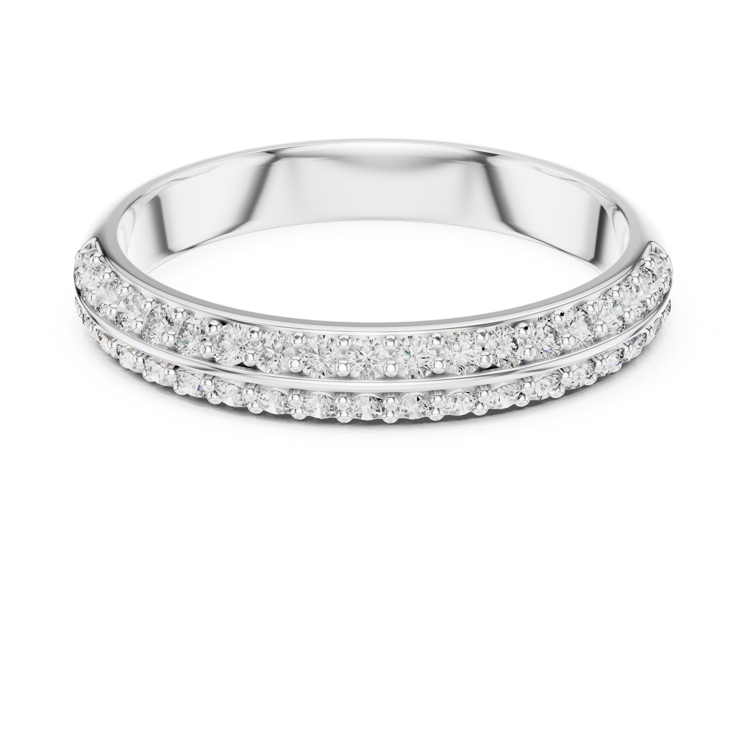 Band ring adorned with a central row of sparkling round-cut diamonds.