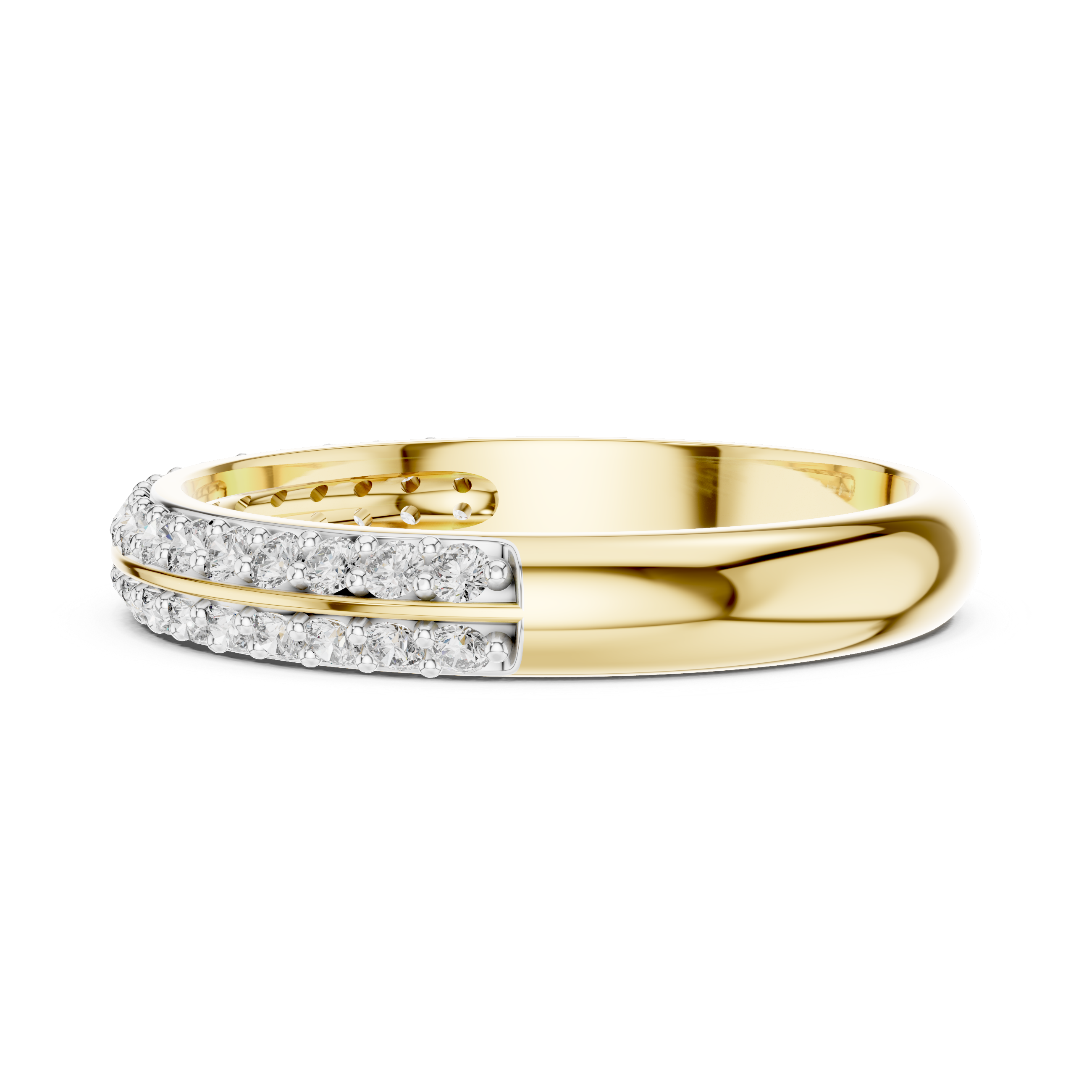Band ring adorned with a central row of sparkling round-cut diamonds.