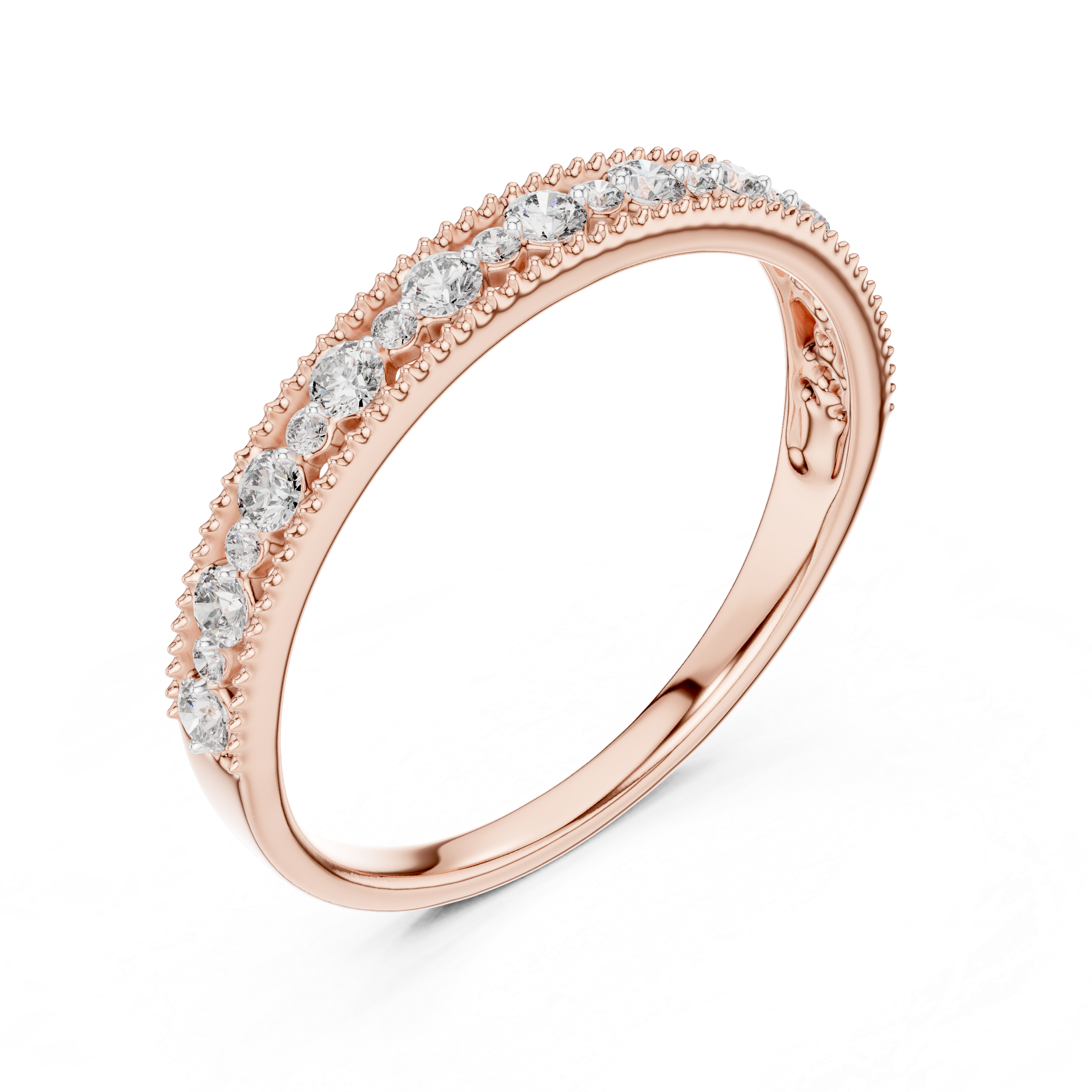 Band with delicate milgrain edges and graduated round-cut diamonds.