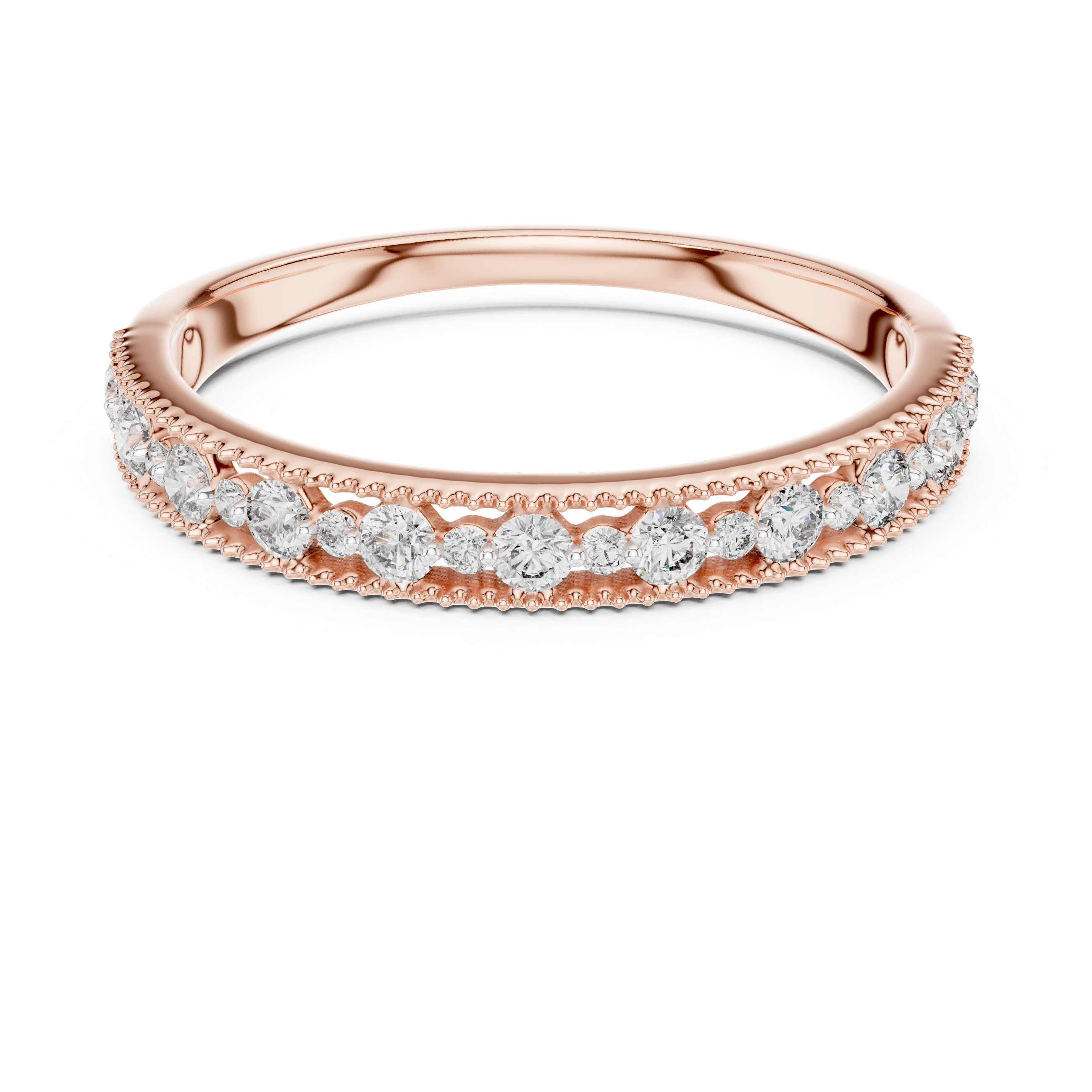 Band with delicate milgrain edges and graduated round-cut diamonds.