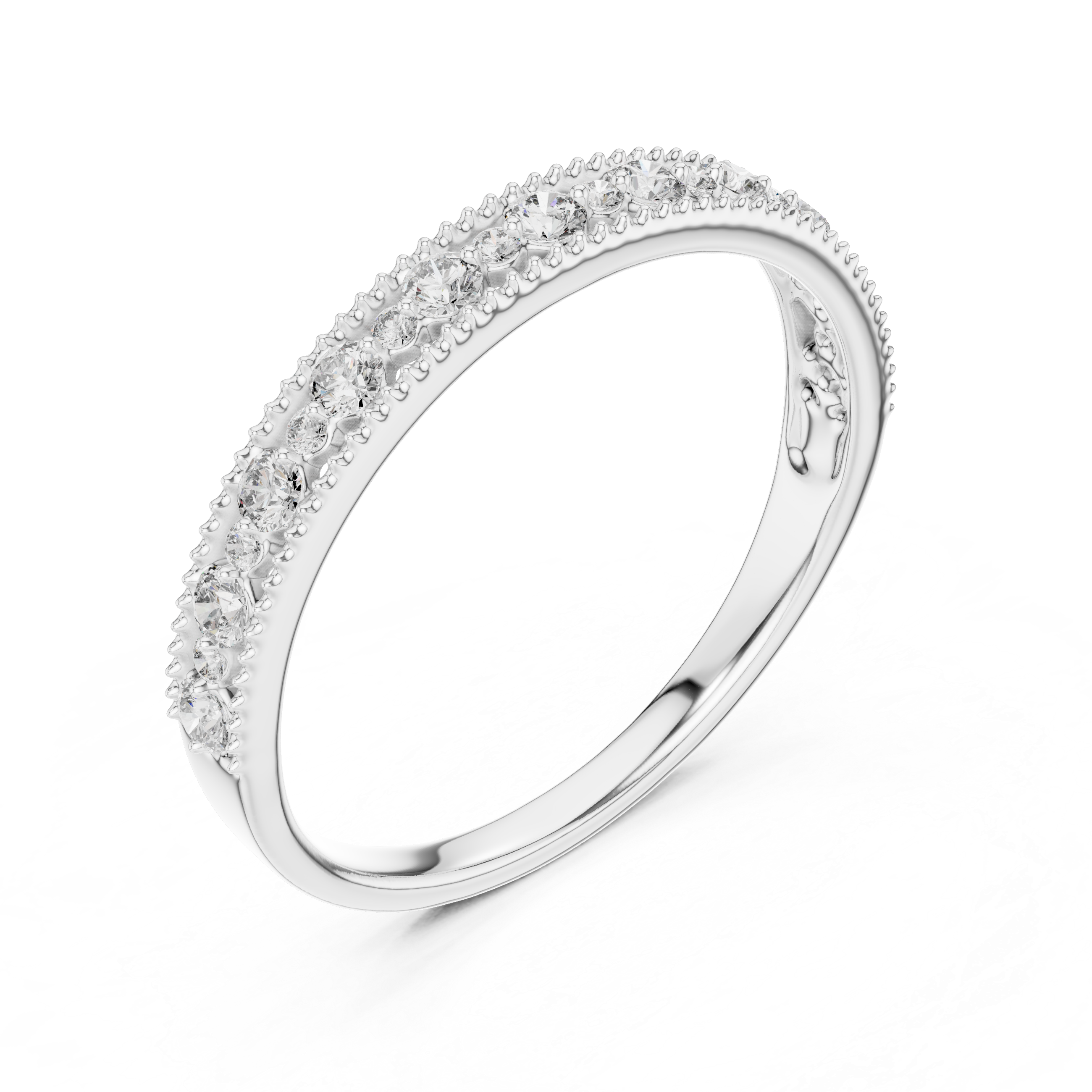 Band with delicate milgrain edges and graduated round-cut diamonds.