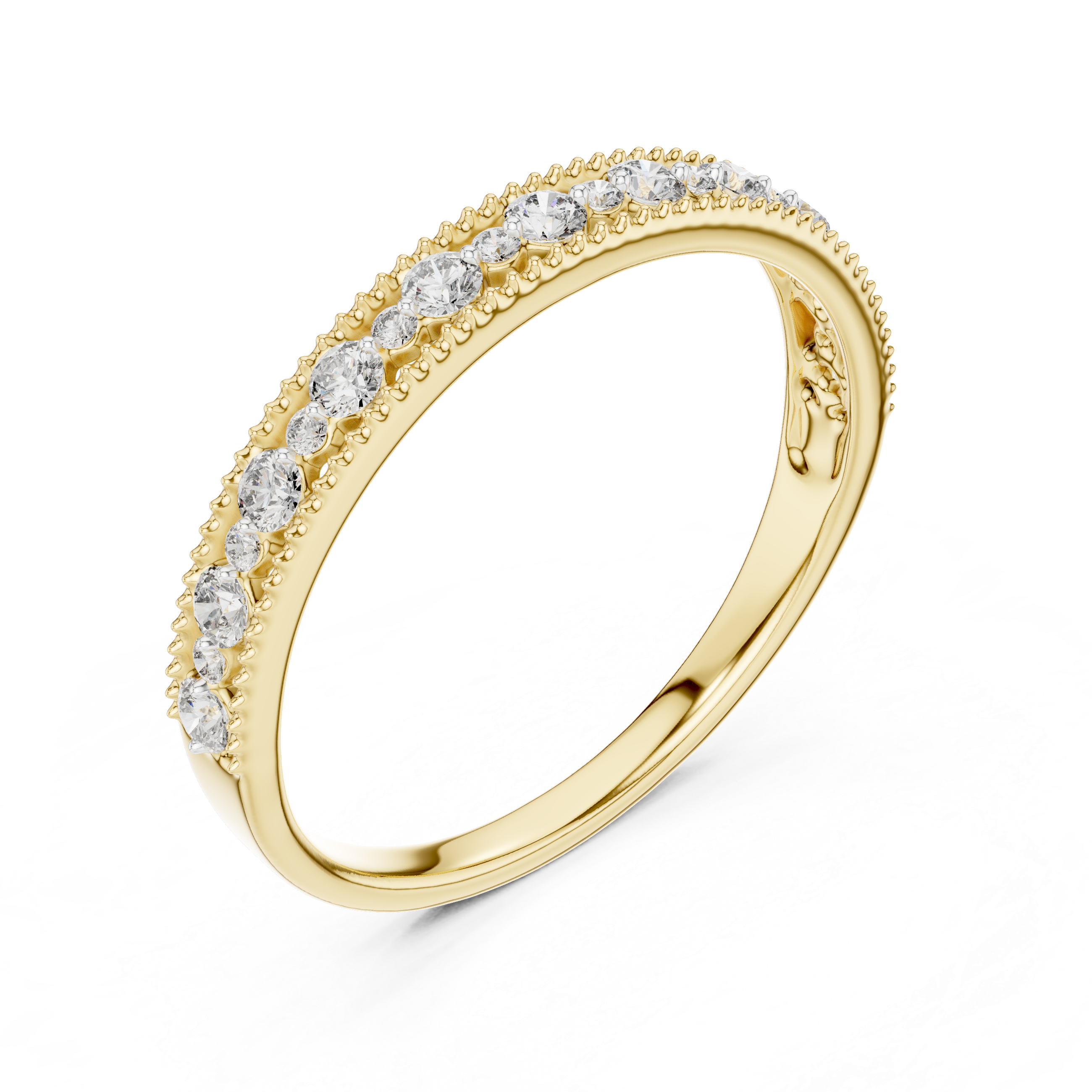 Band with delicate milgrain edges and graduated round-cut diamonds.