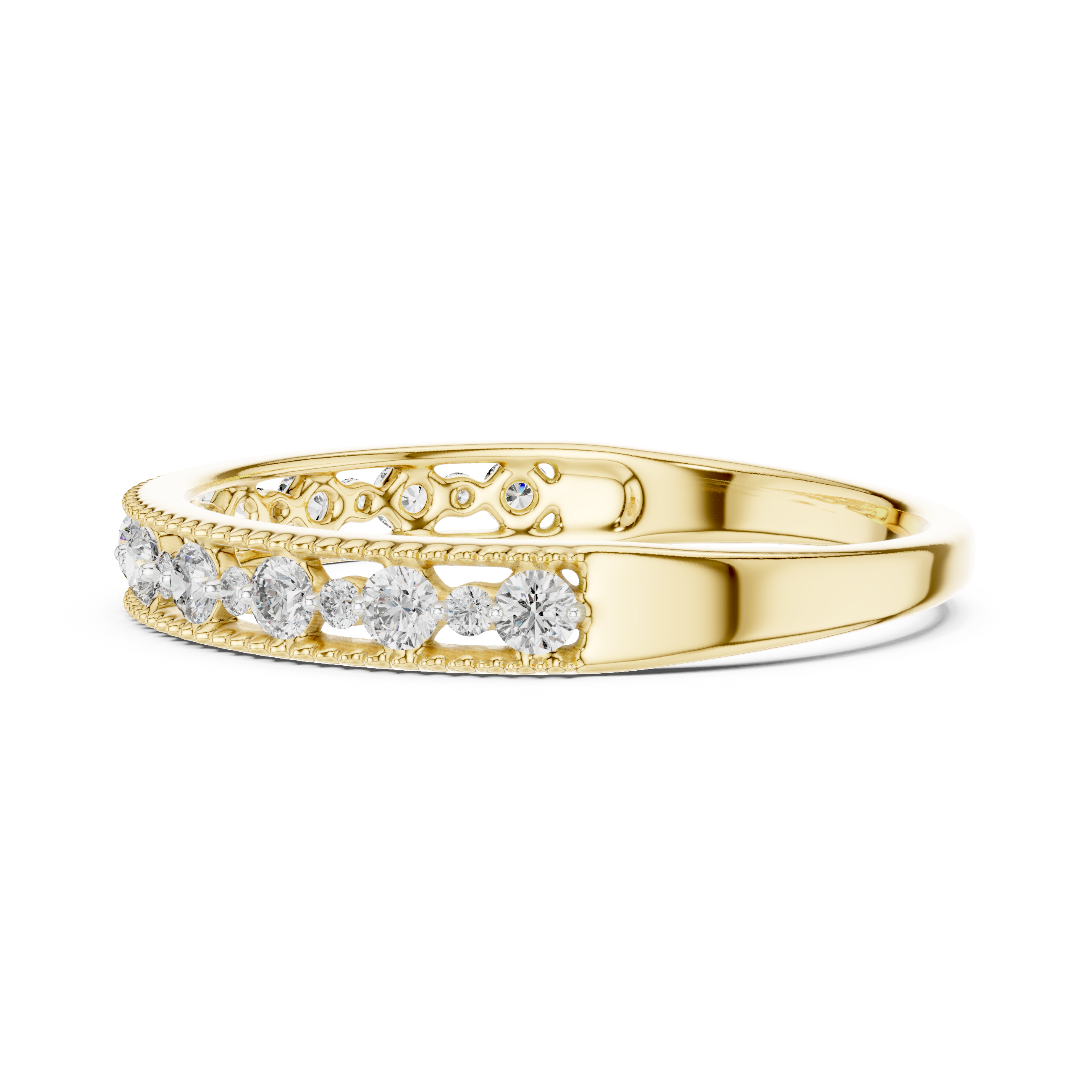 Band with delicate milgrain edges and graduated round-cut diamonds.