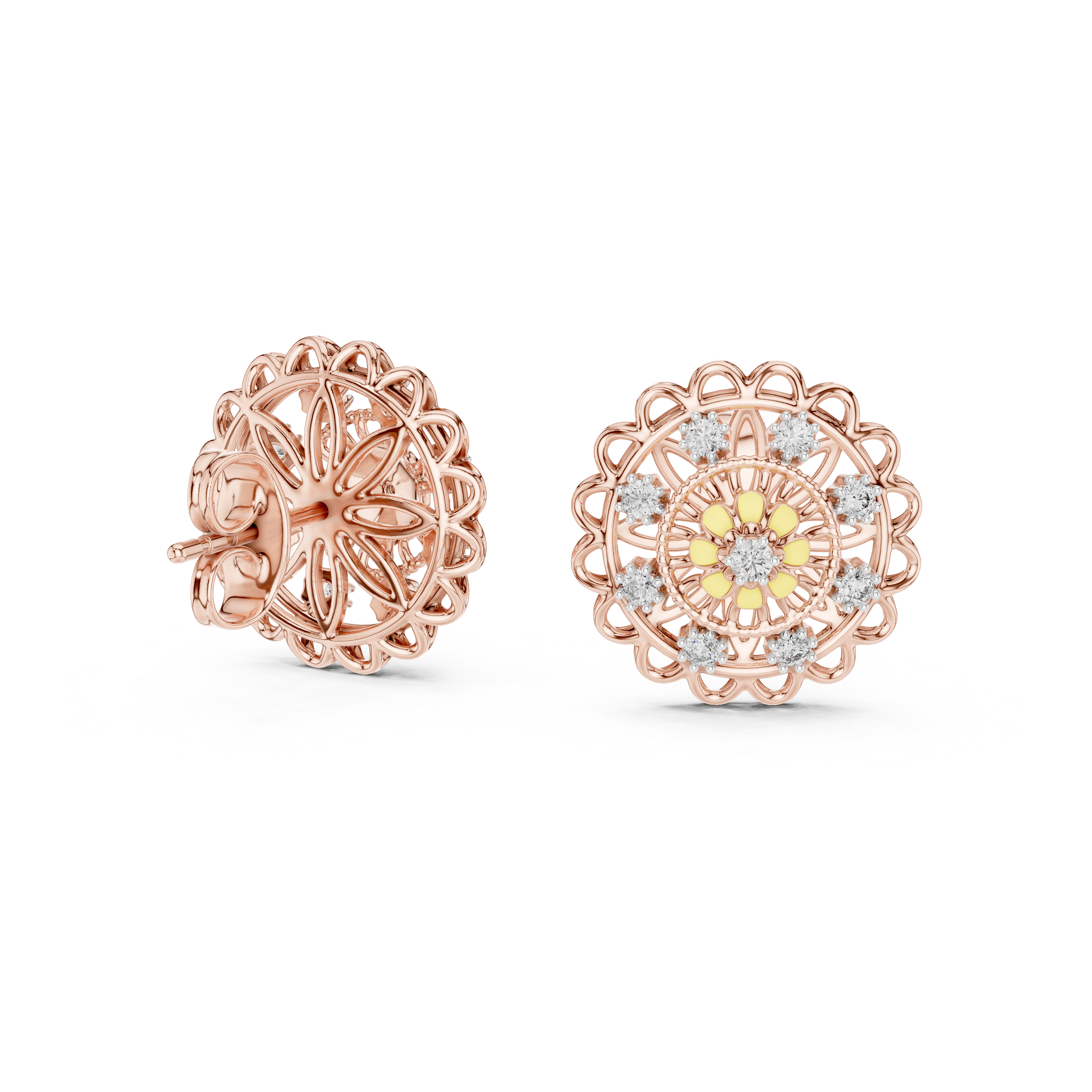 Floral Stud Earrings with Diamond and Yellow Accents
