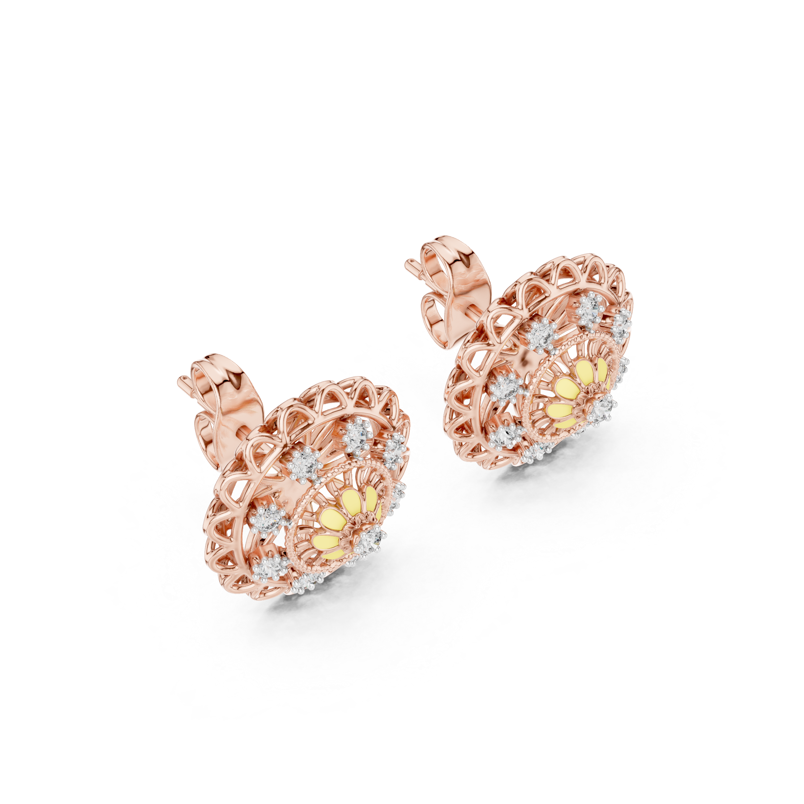 Floral Stud Earrings with Diamond and Yellow Accents