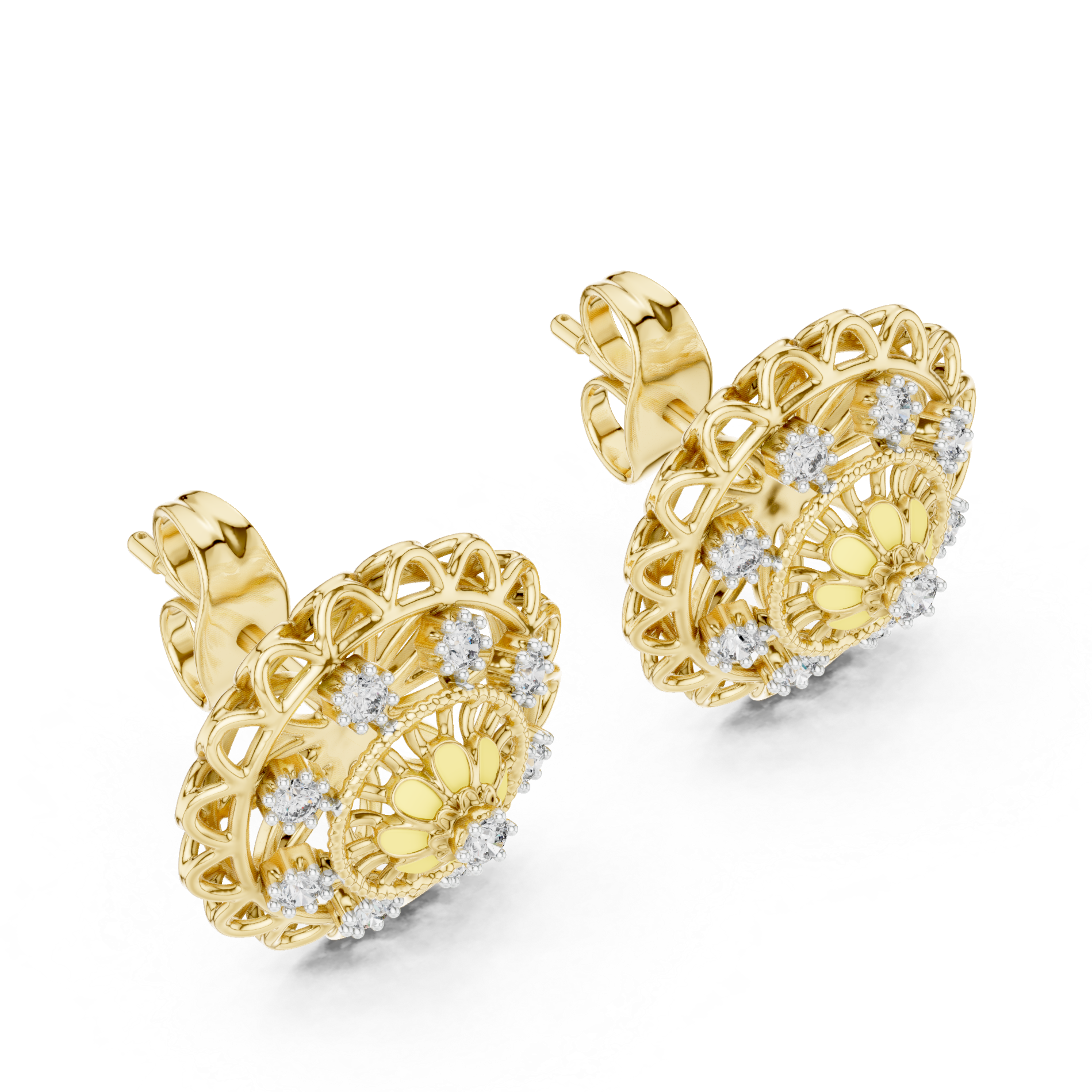 Floral Stud Earrings with Diamond and Yellow Accents