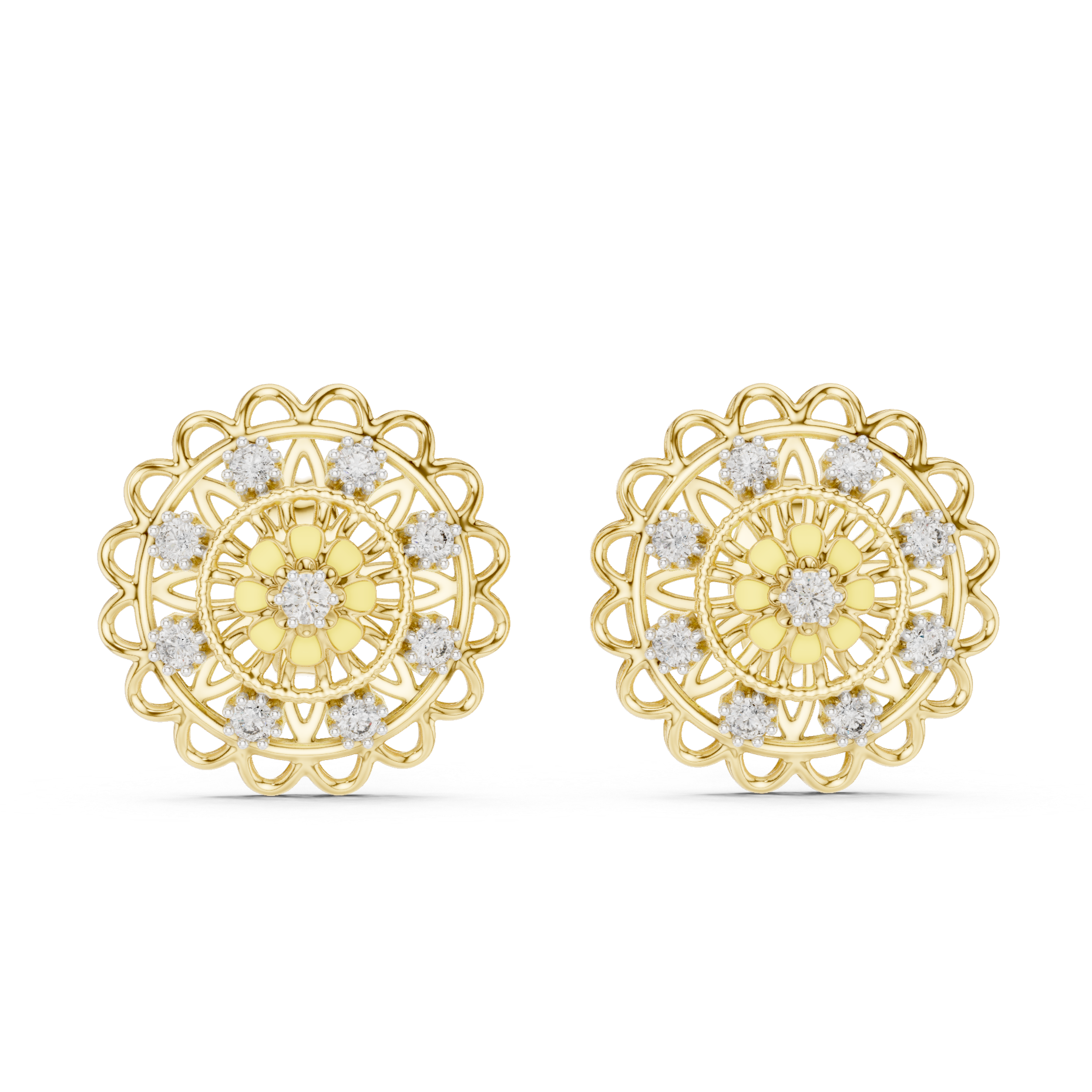 Floral Stud Earrings with Diamond and Yellow Accents