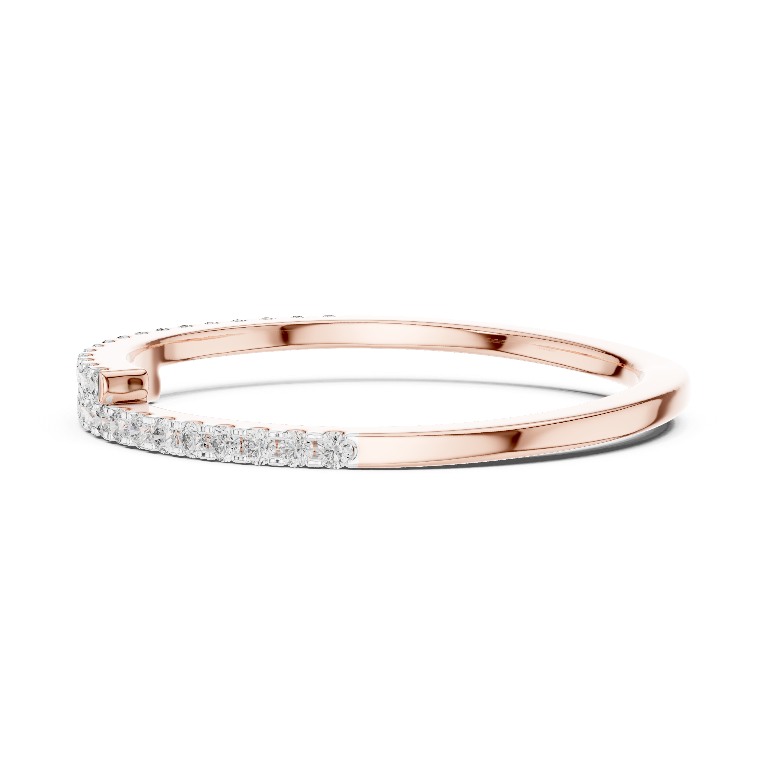 Gold band with a curved row of channel-set sparkling diamonds.