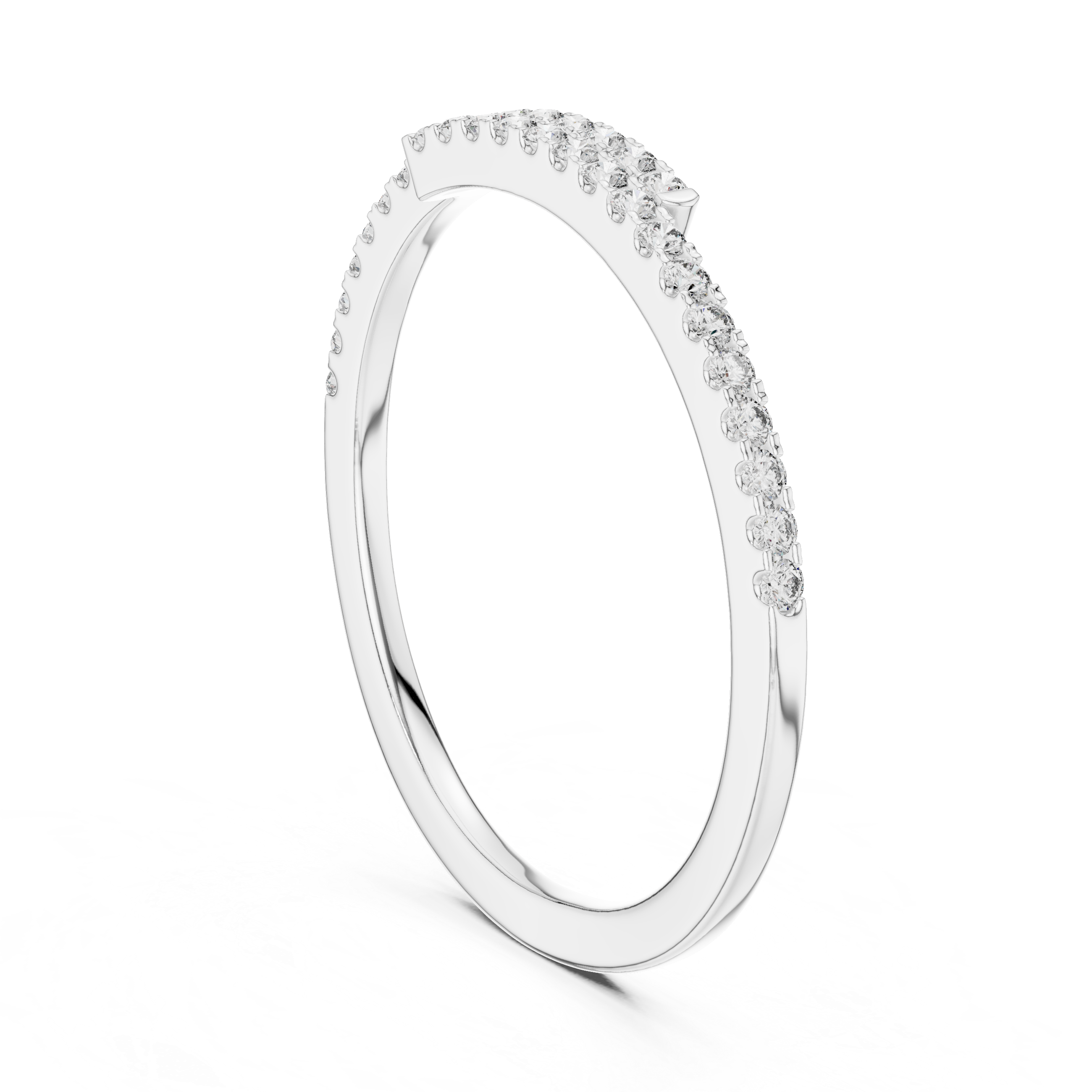 Gold band with a curved row of channel-set sparkling diamonds.