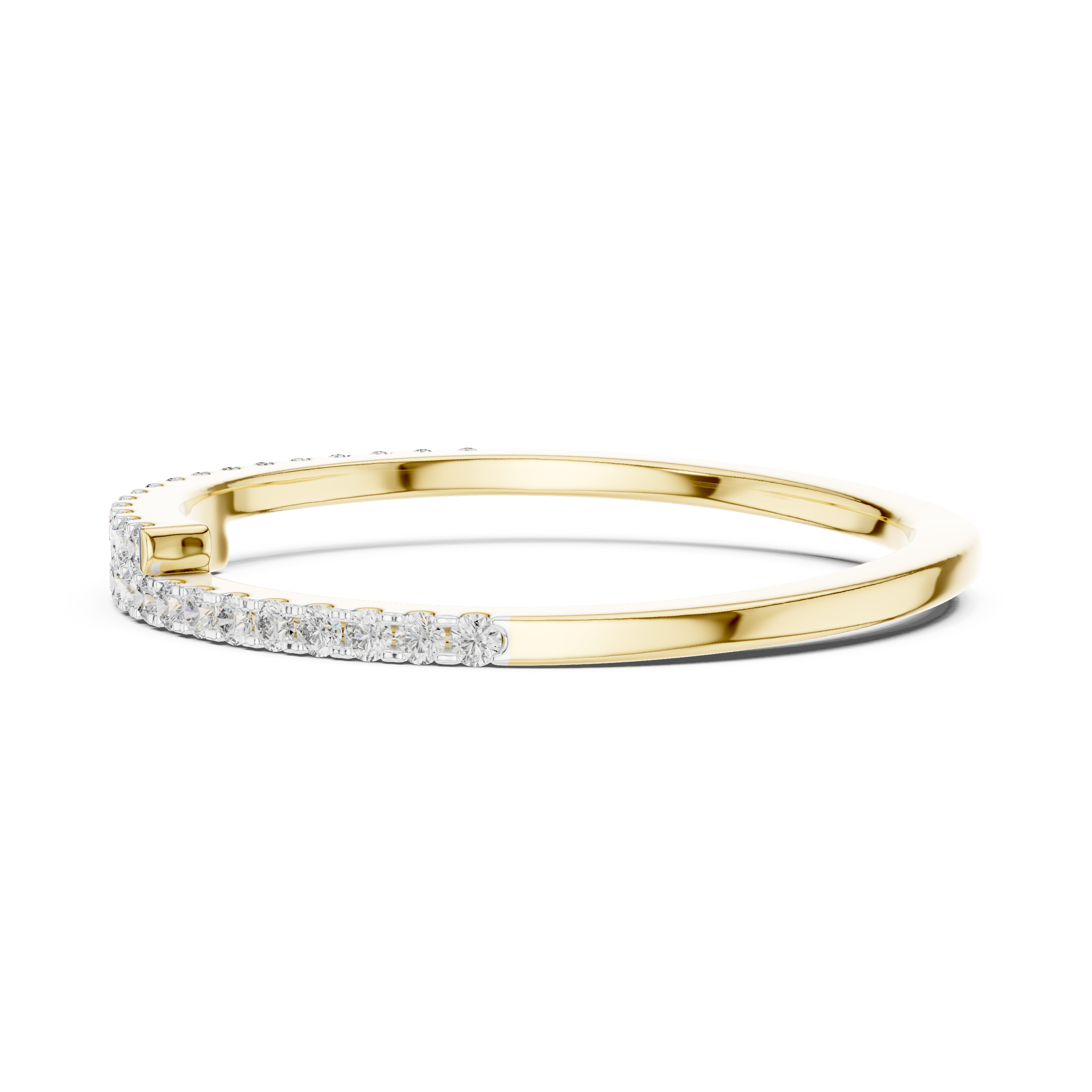 Gold band with a curved row of channel-set sparkling diamonds.