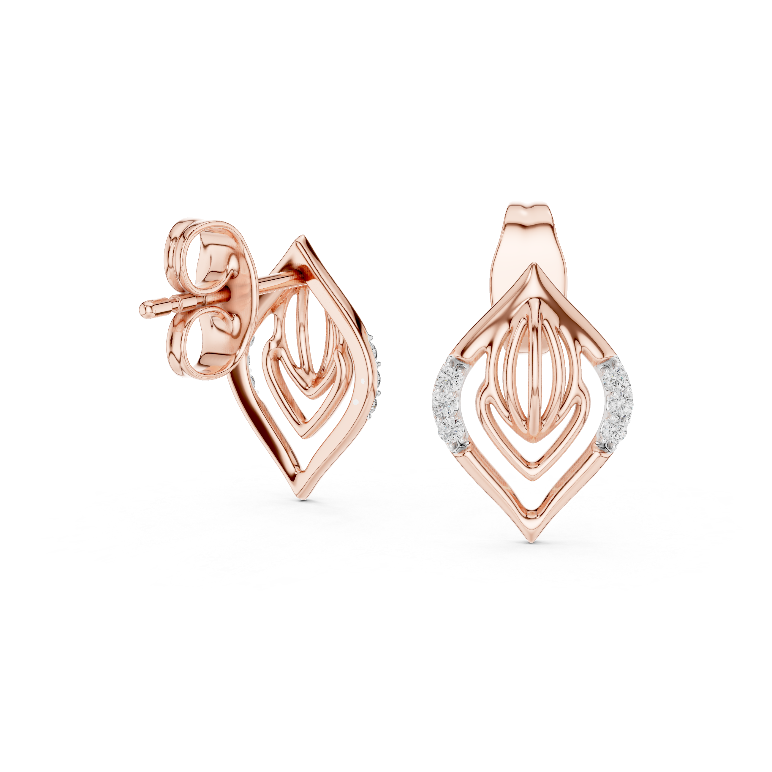 Geometric Leaf Stud Earrings with Diamond Accents