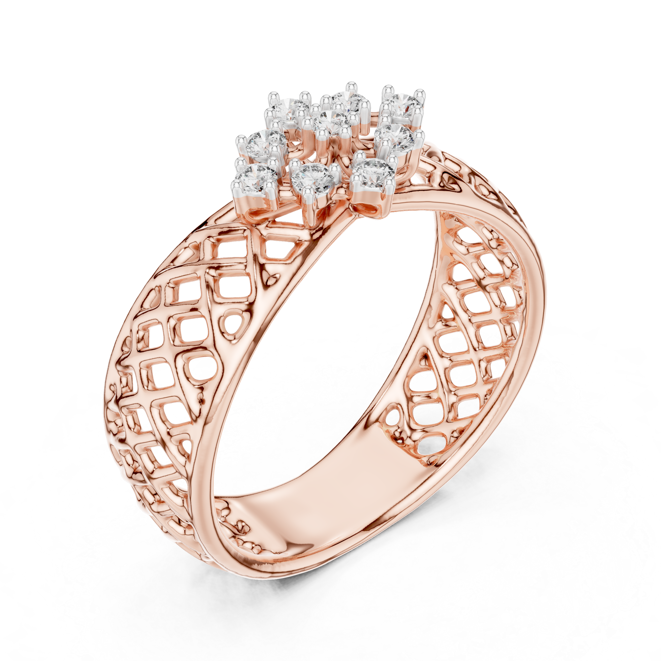 Artistic Rose Gold Band with Diamond Cluster Floral Motif