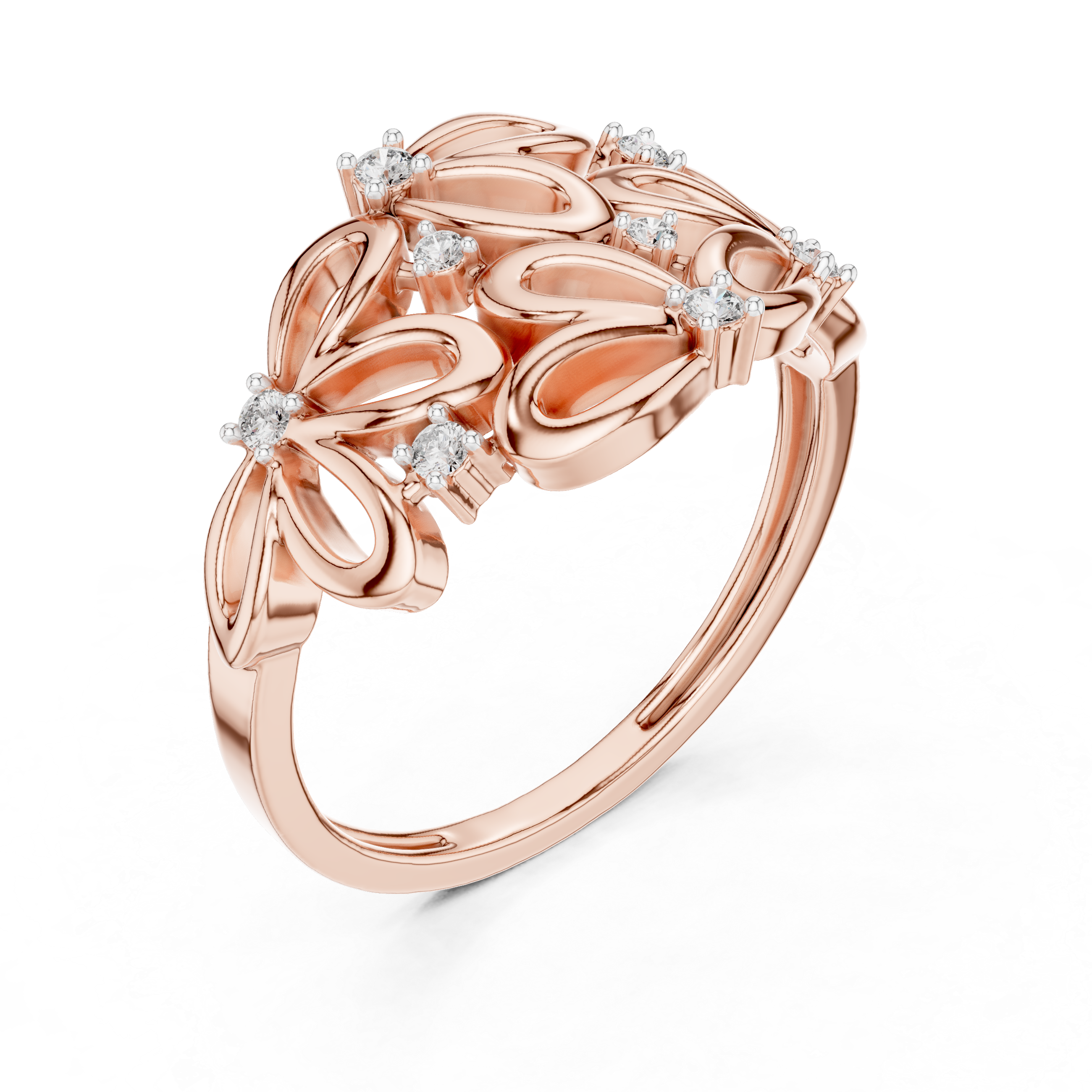 Floral-inspired ring with open petal design and diamond accents.