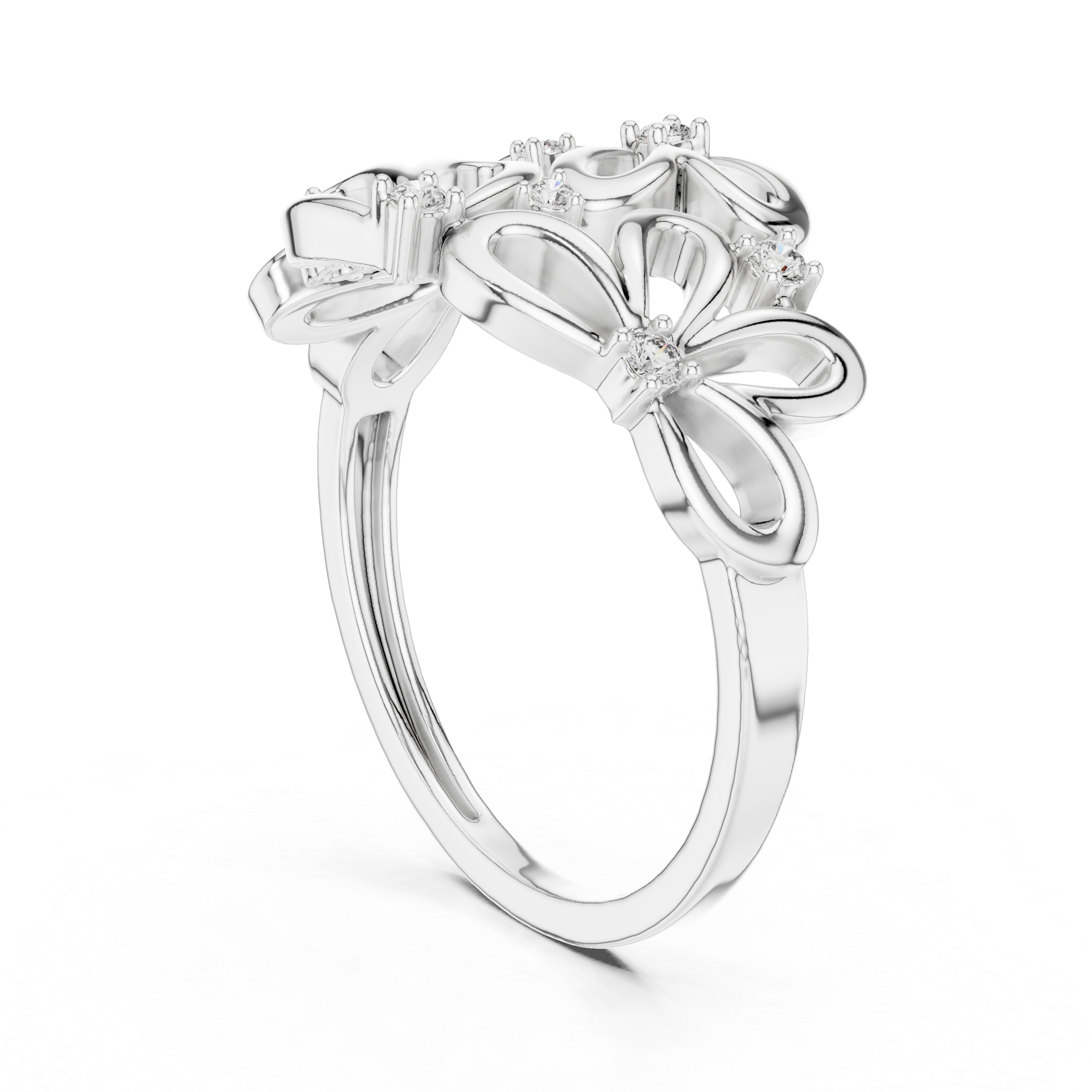 Floral-inspired ring with open petal design and diamond accents.