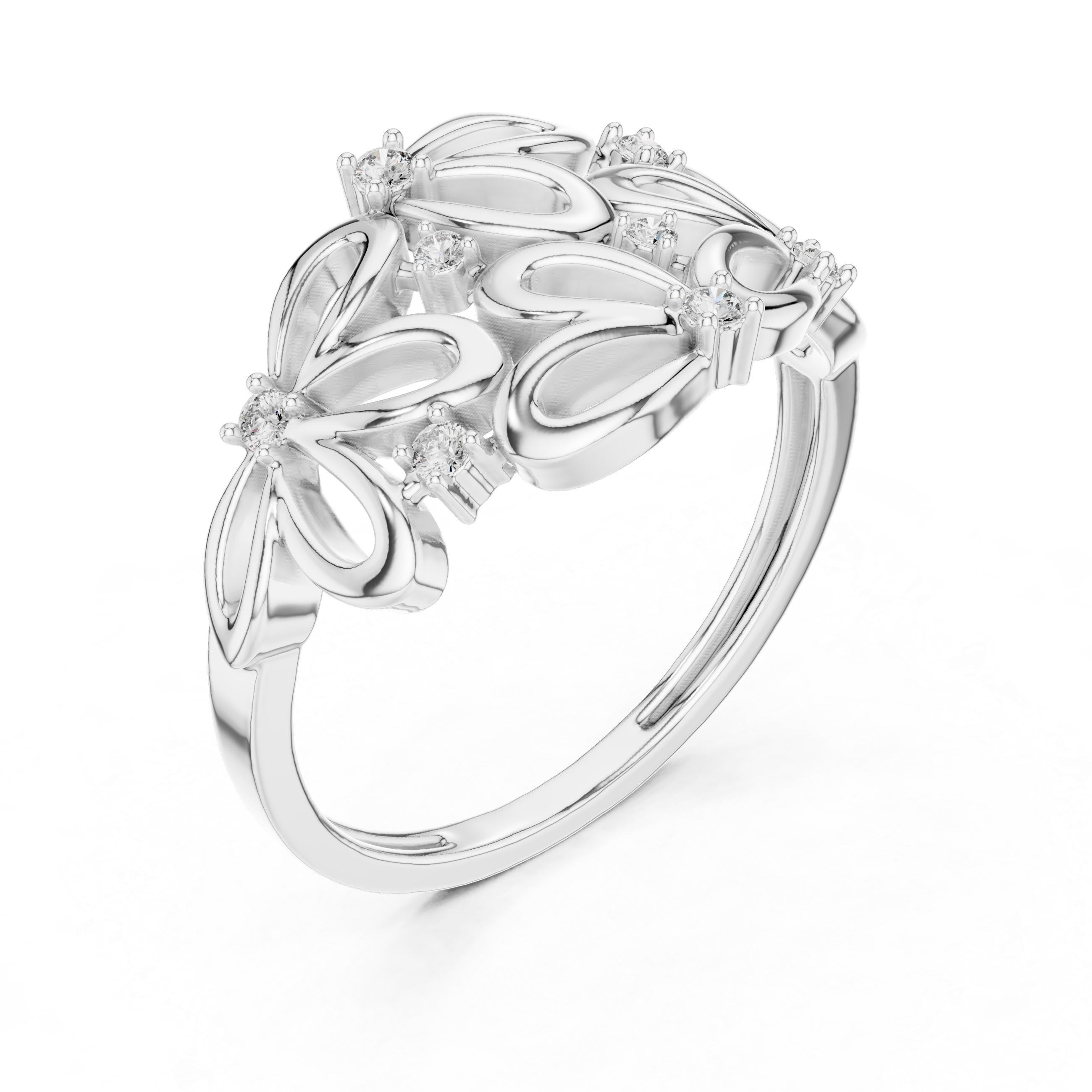 Floral-inspired ring with open petal design and diamond accents.