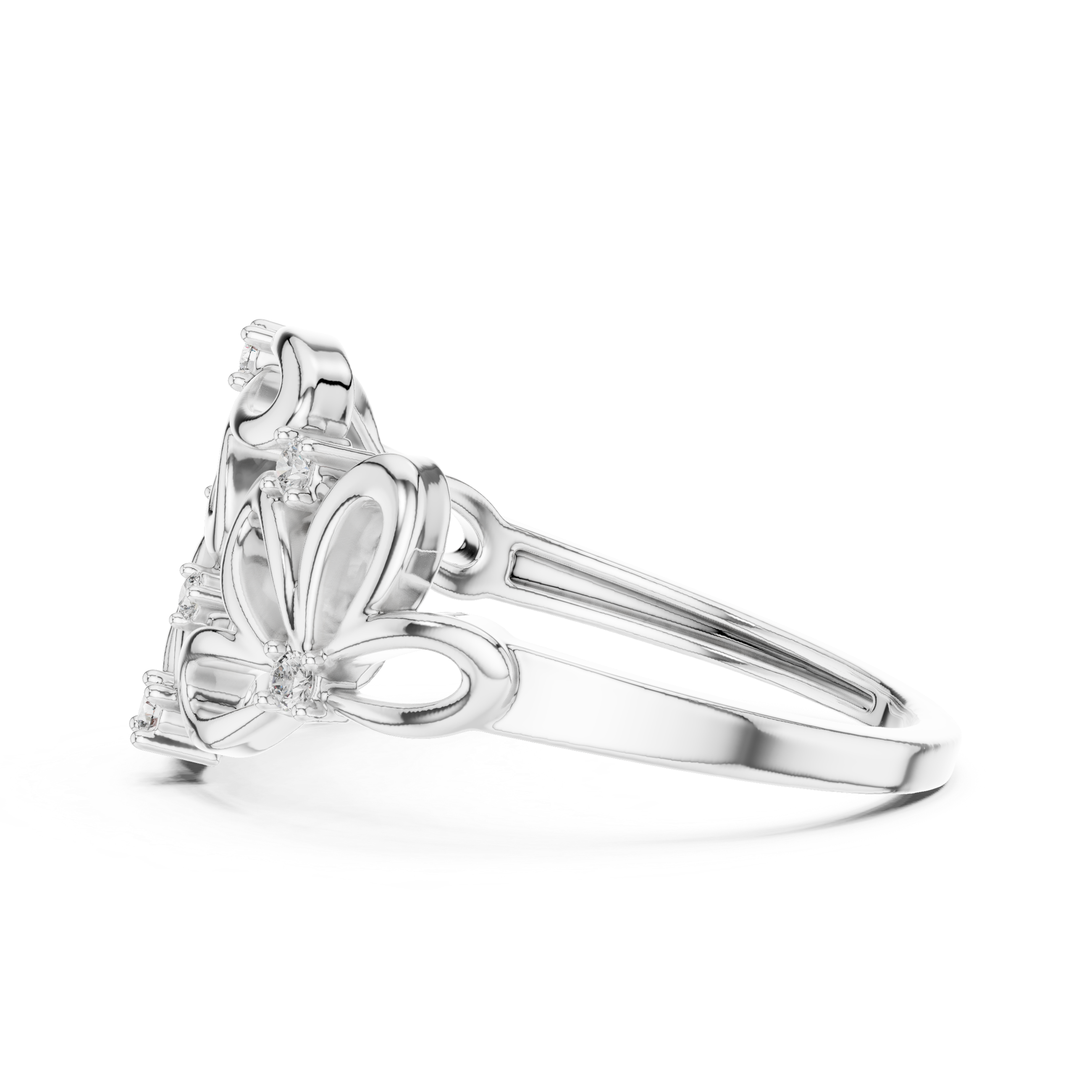 Floral-inspired ring with open petal design and diamond accents.