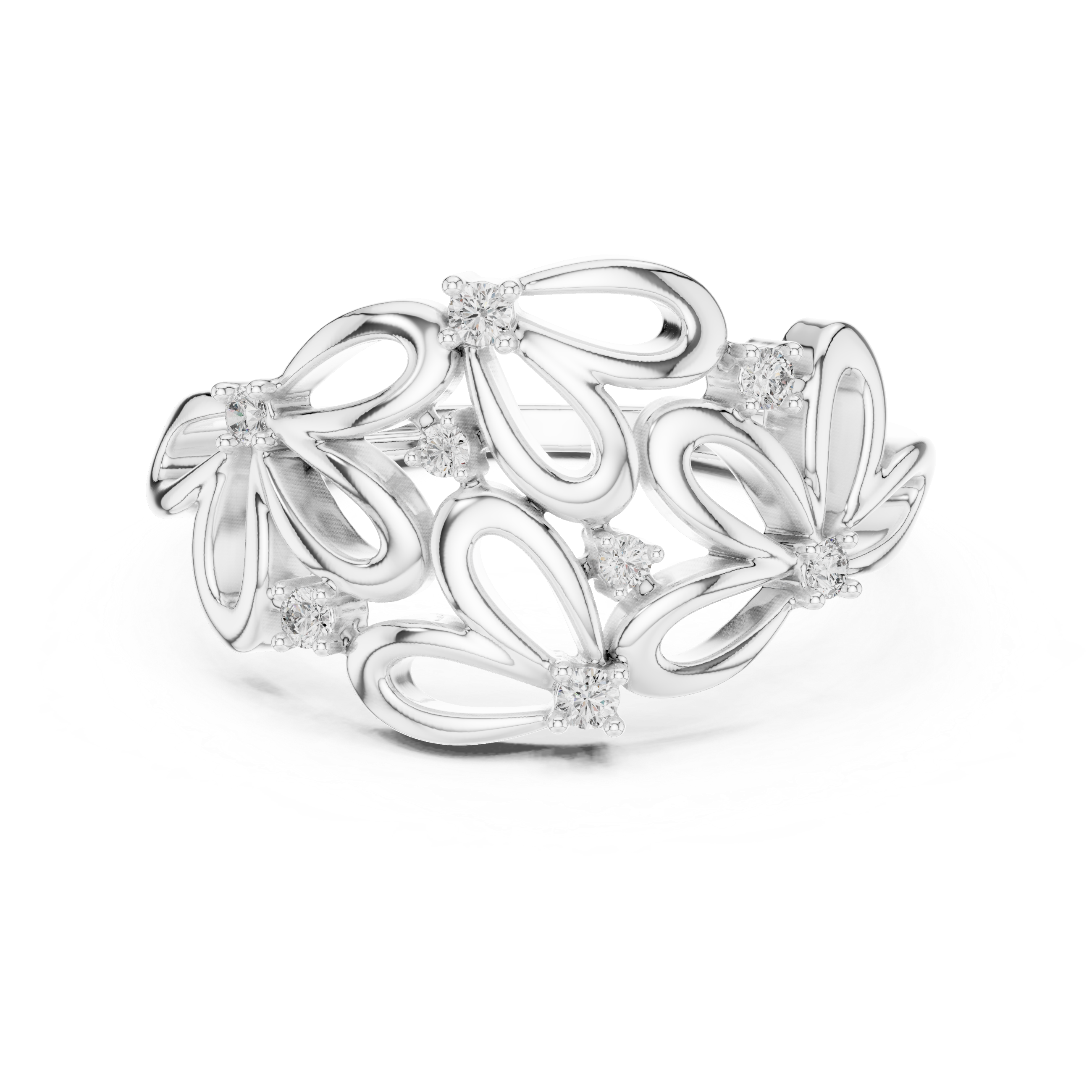 Floral-inspired ring with open petal design and diamond accents.