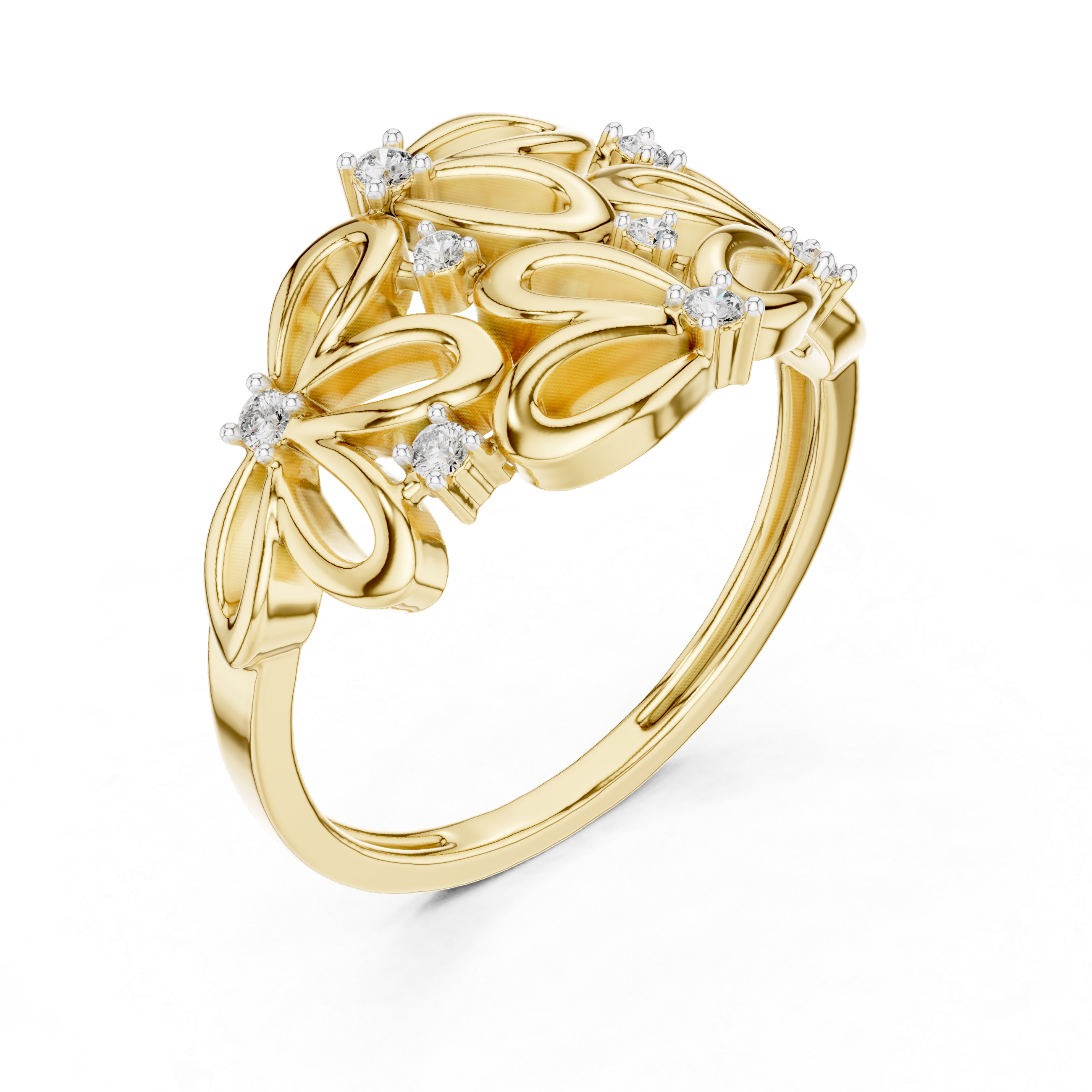 Floral-inspired ring with open petal design and diamond accents.
