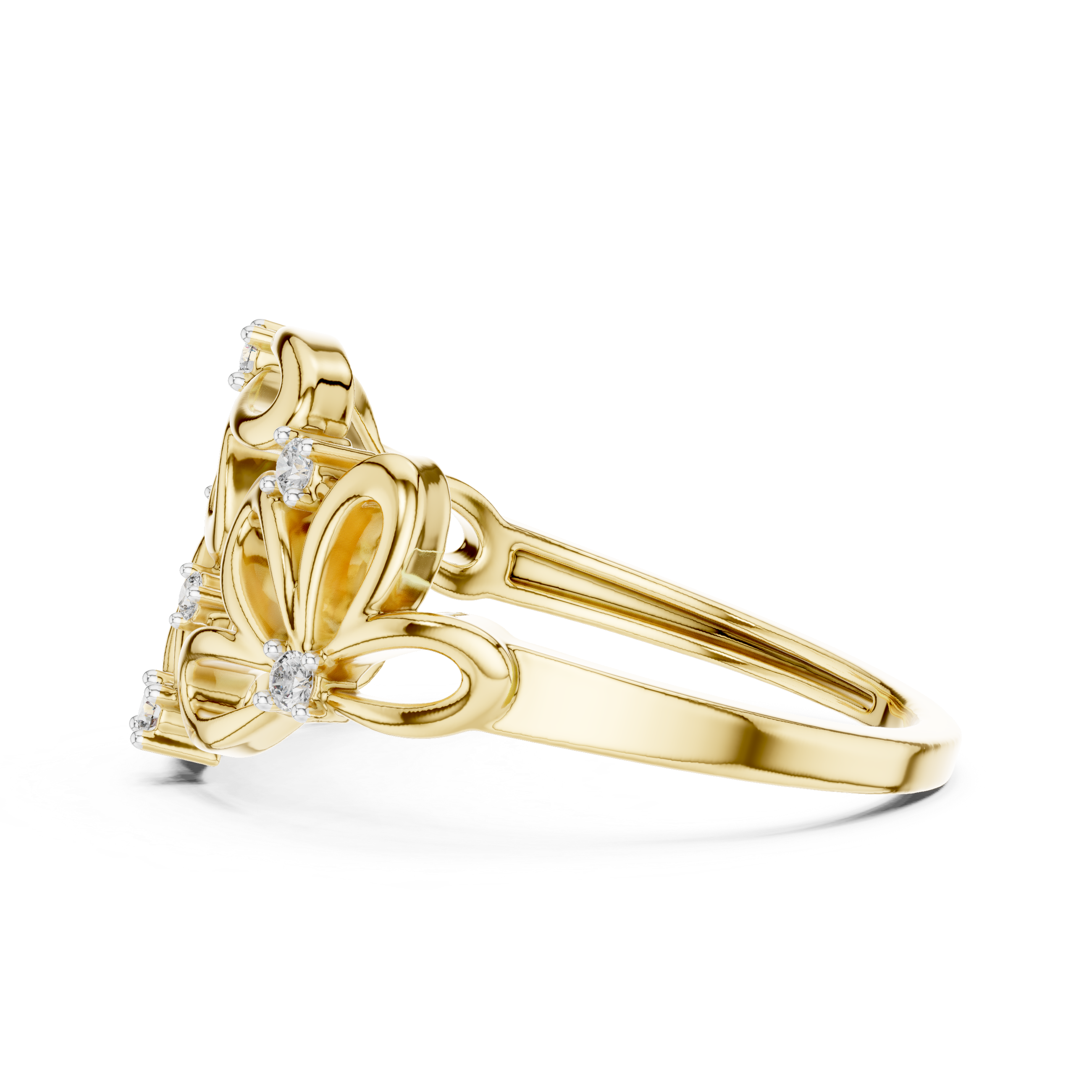 Floral-inspired ring with open petal design and diamond accents.