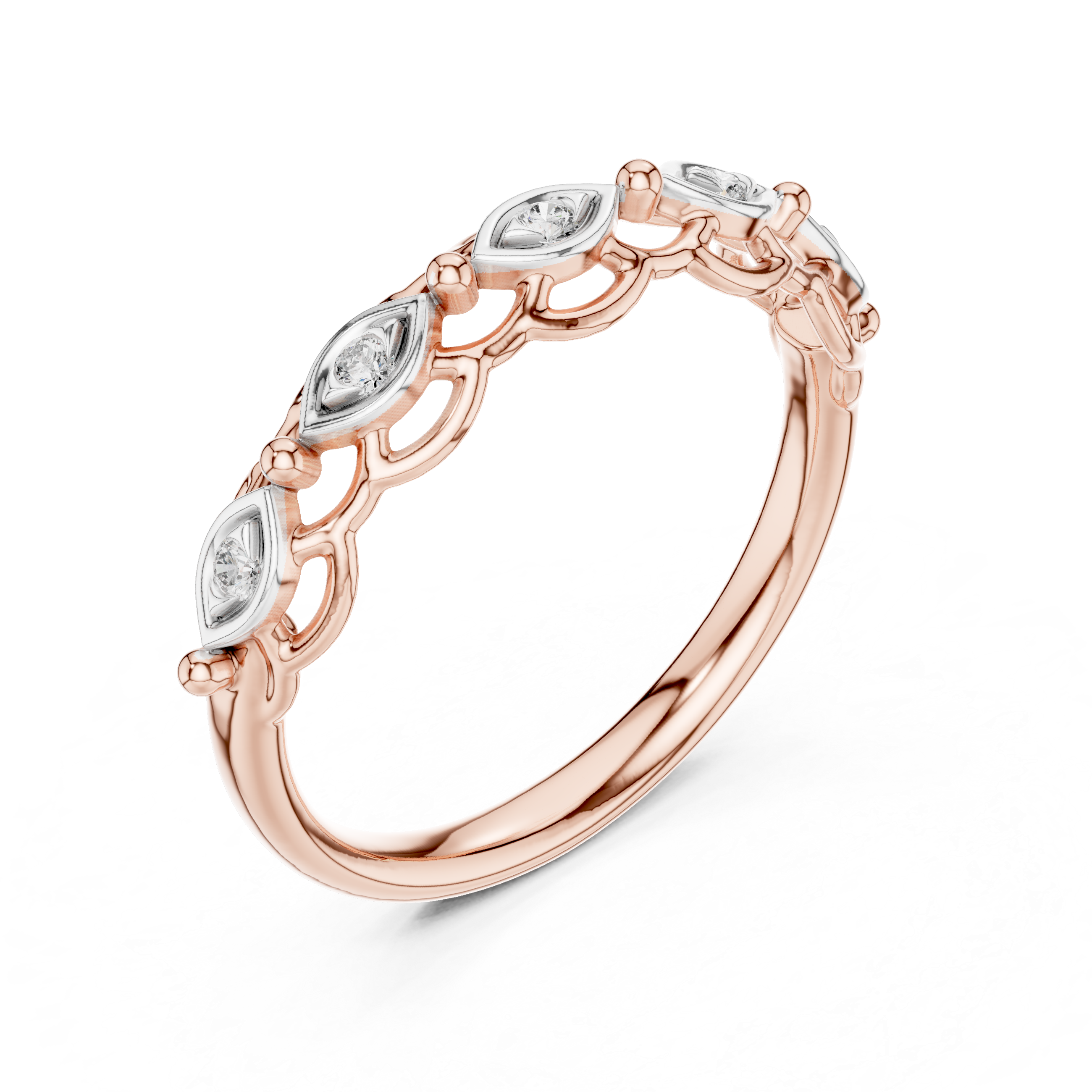 Marquise-shaped diamond motifs and openwork detailing.