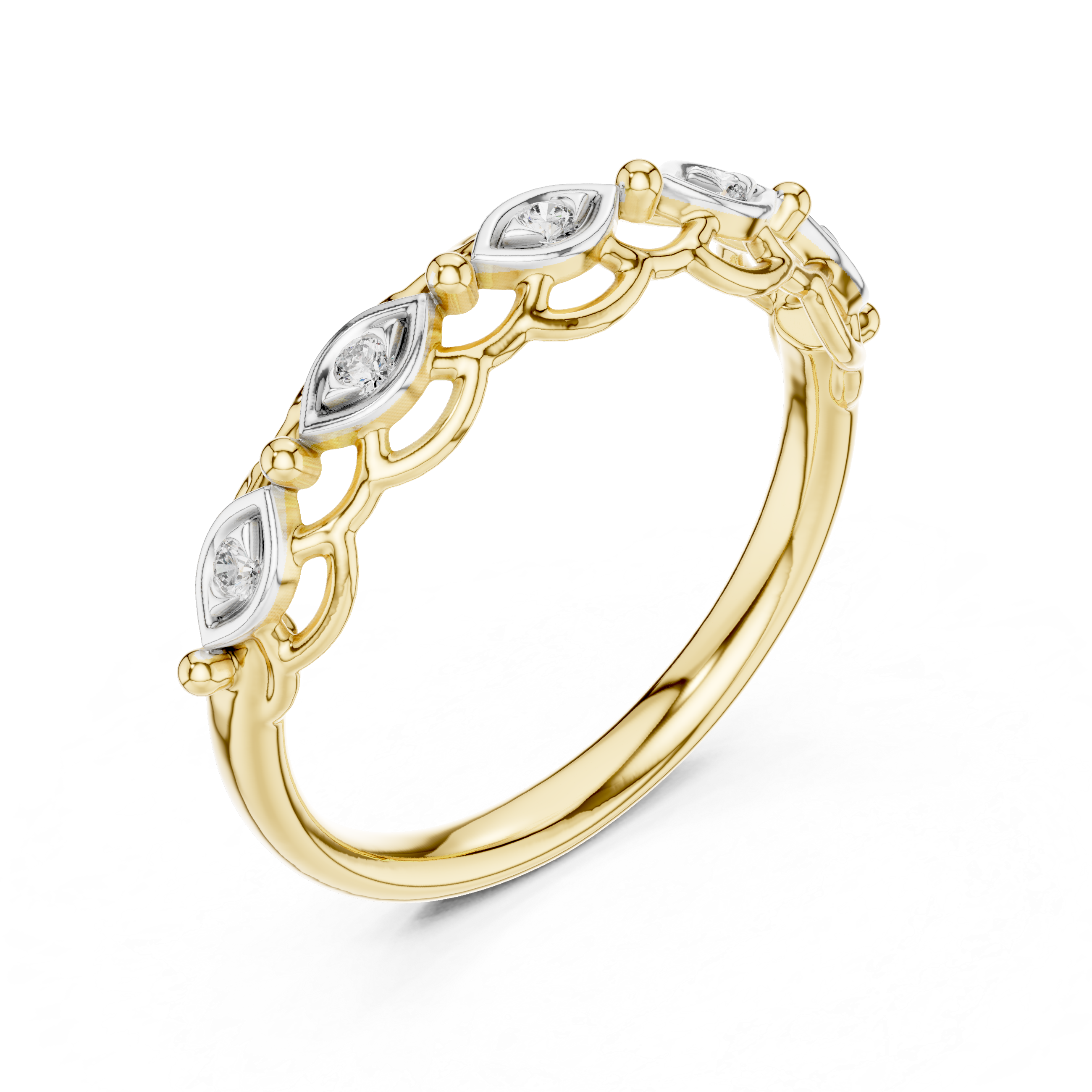 Marquise-shaped diamond motifs and openwork detailing.