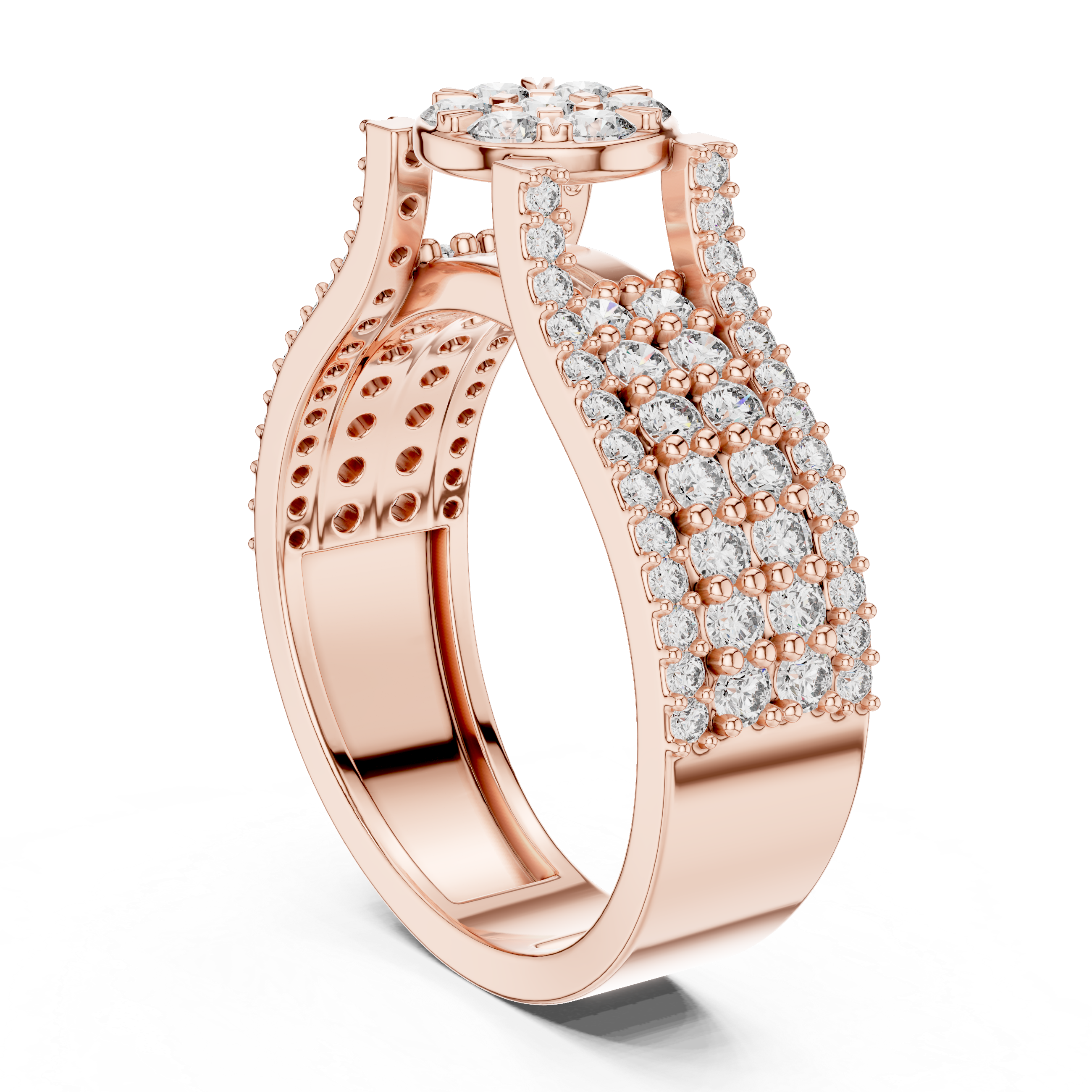 Elegant Rose Gold Diamond Cluster Ring with Pave Band