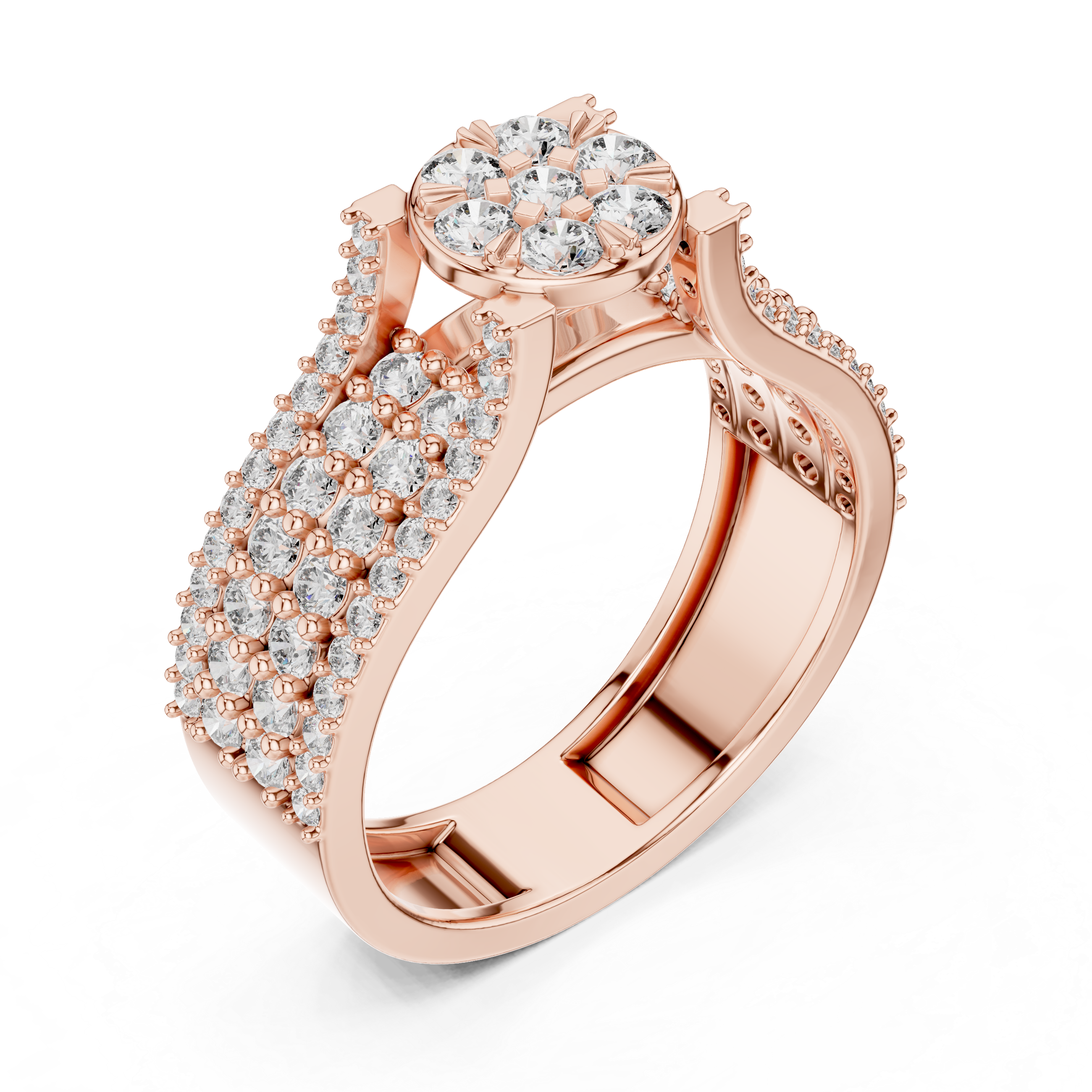 Elegant Rose Gold Diamond Cluster Ring with Pave Band