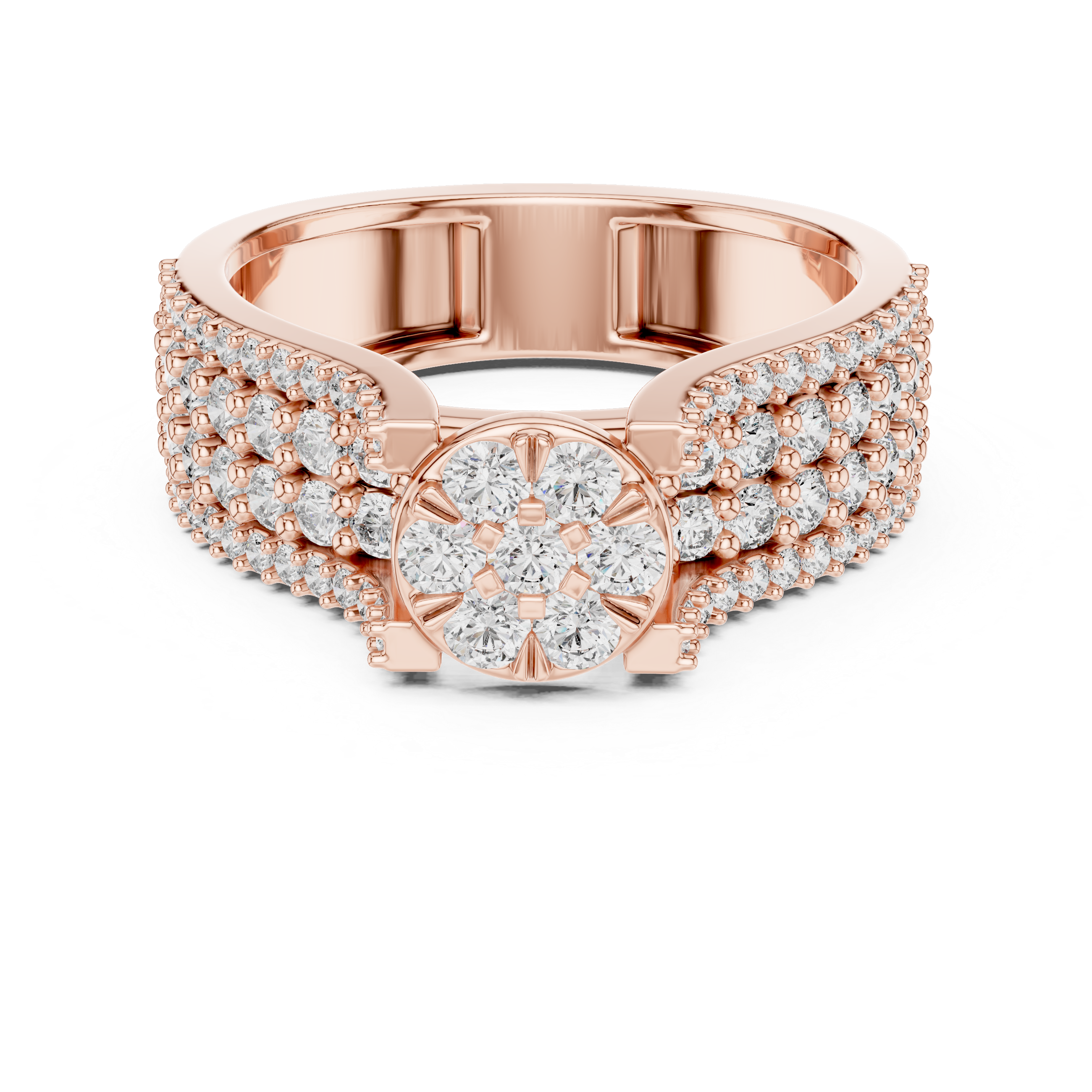 Elegant Rose Gold Diamond Cluster Ring with Pave Band