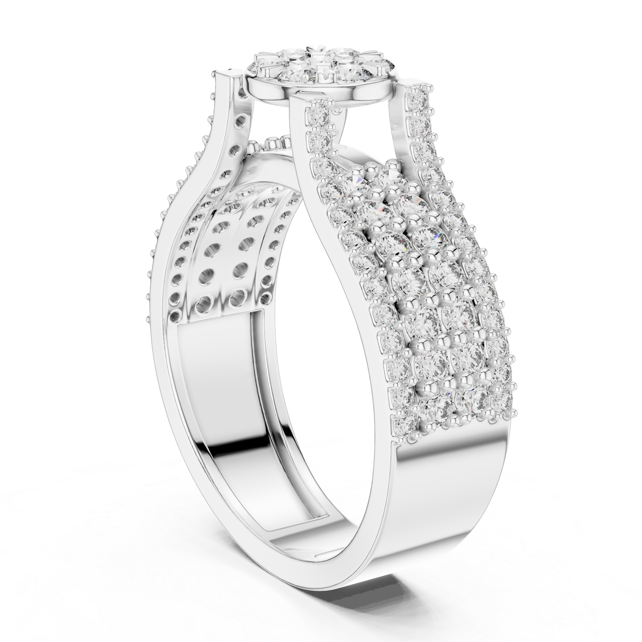 Elegant Rose Gold Diamond Cluster Ring with Pave Band