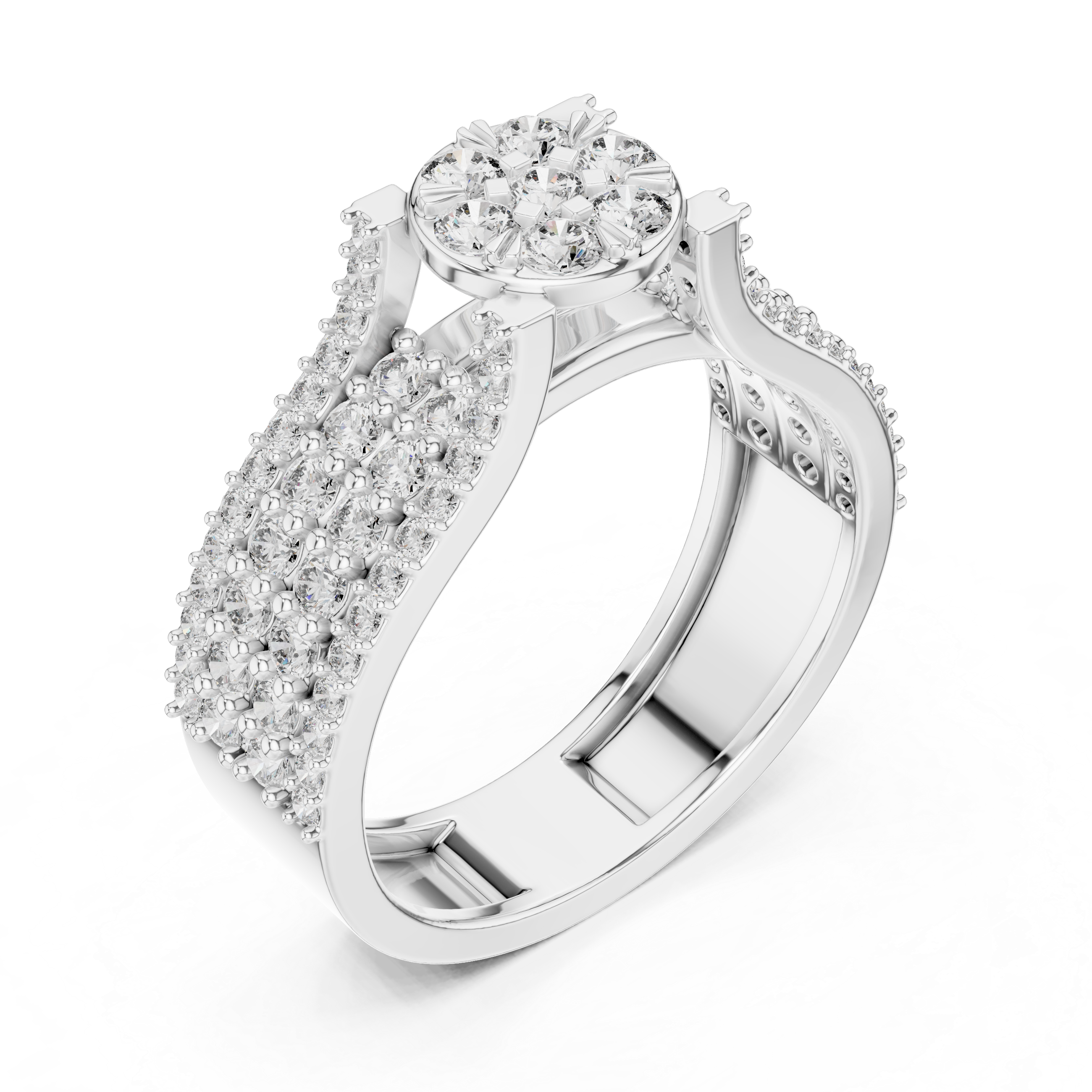 Elegant Rose Gold Diamond Cluster Ring with Pave Band