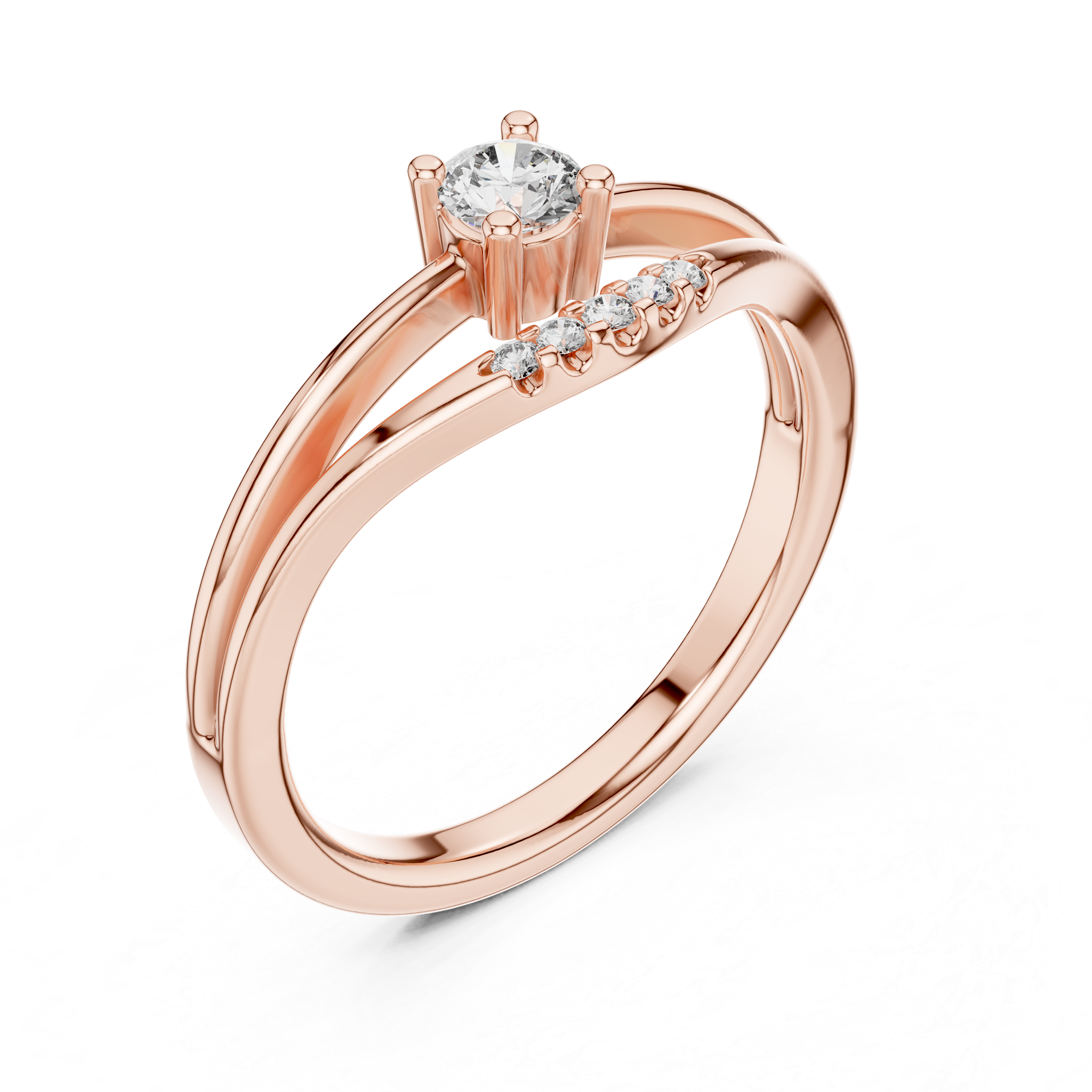 Elegant Rose Gold Split Shank Solitaire Diamond Ring with Accent Stones