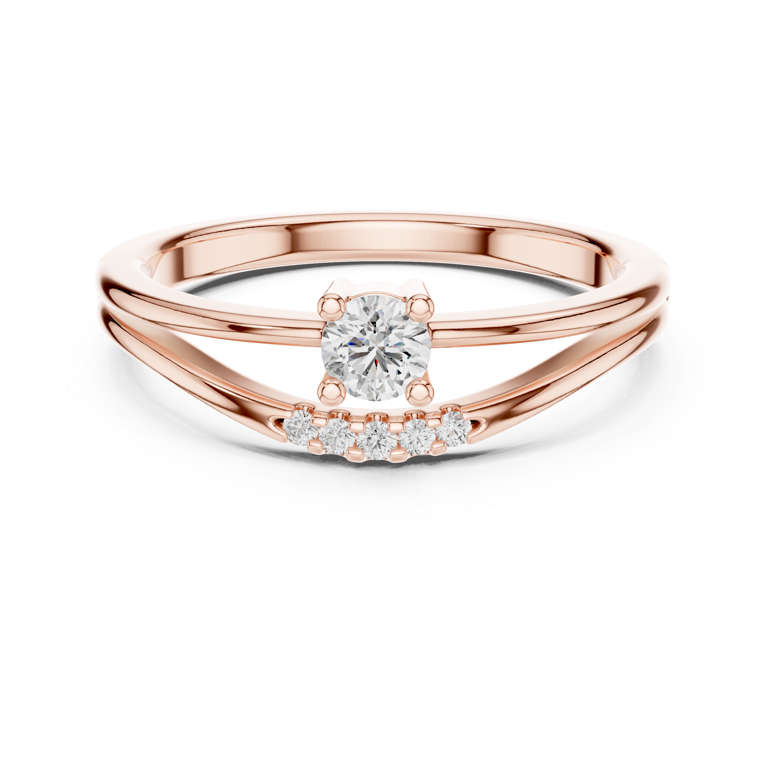 Elegant Rose Gold Split Shank Solitaire Diamond Ring with Accent Stones