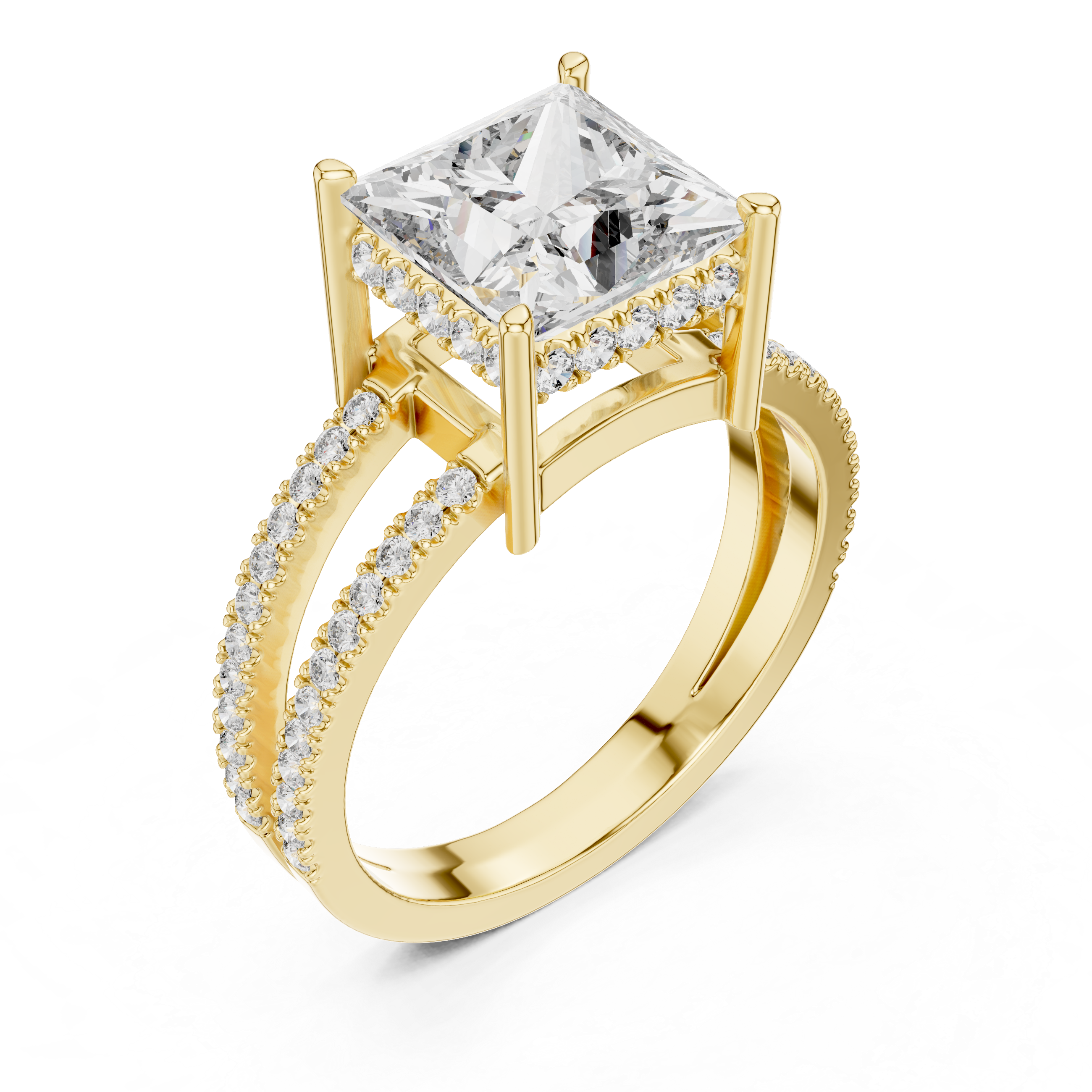 Elegant Gold Engagement Ring with Princess-Cut Diamond and Pavé Band