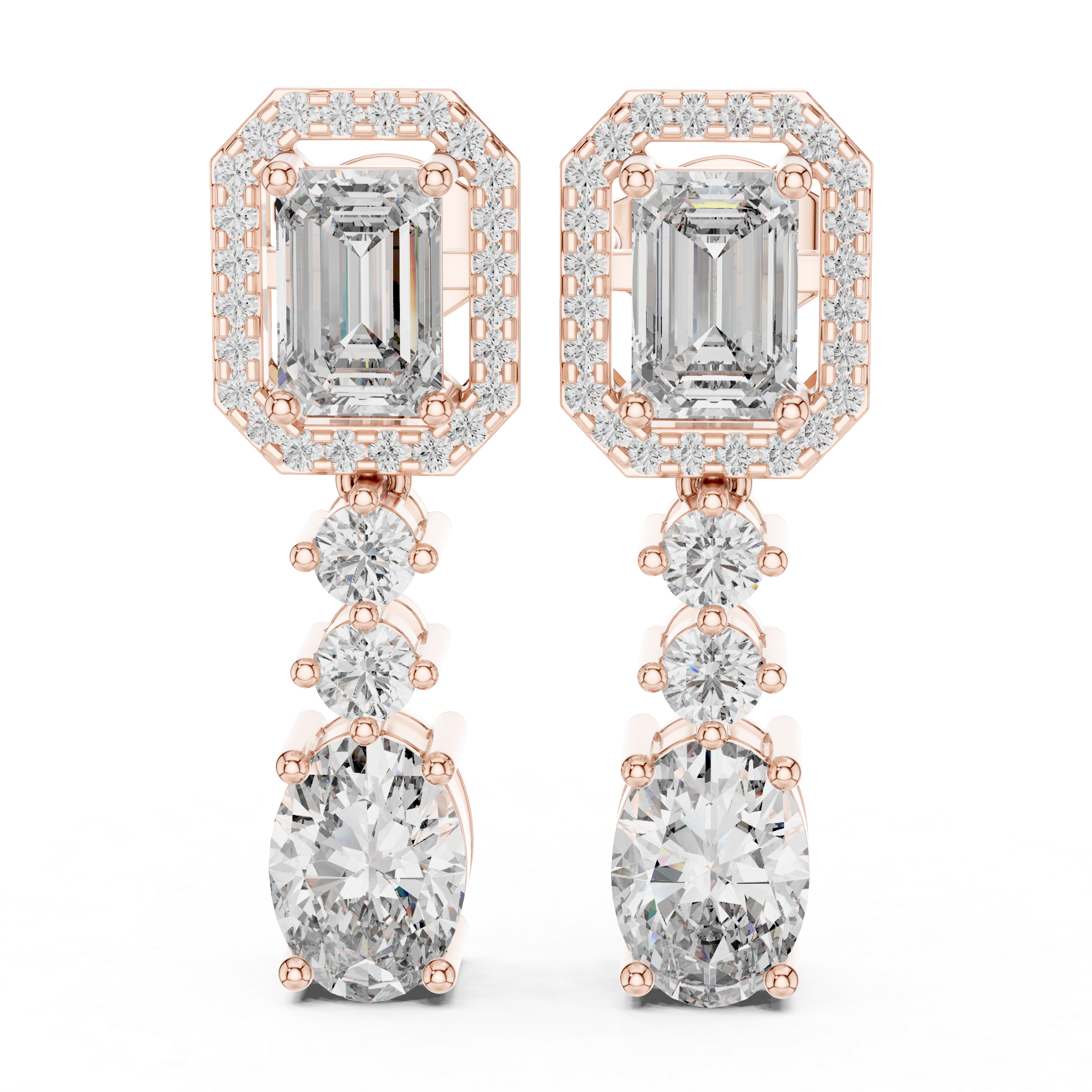 Radiant Elegance Rose Gold Emerald & Oval Diamond Drop Earrings