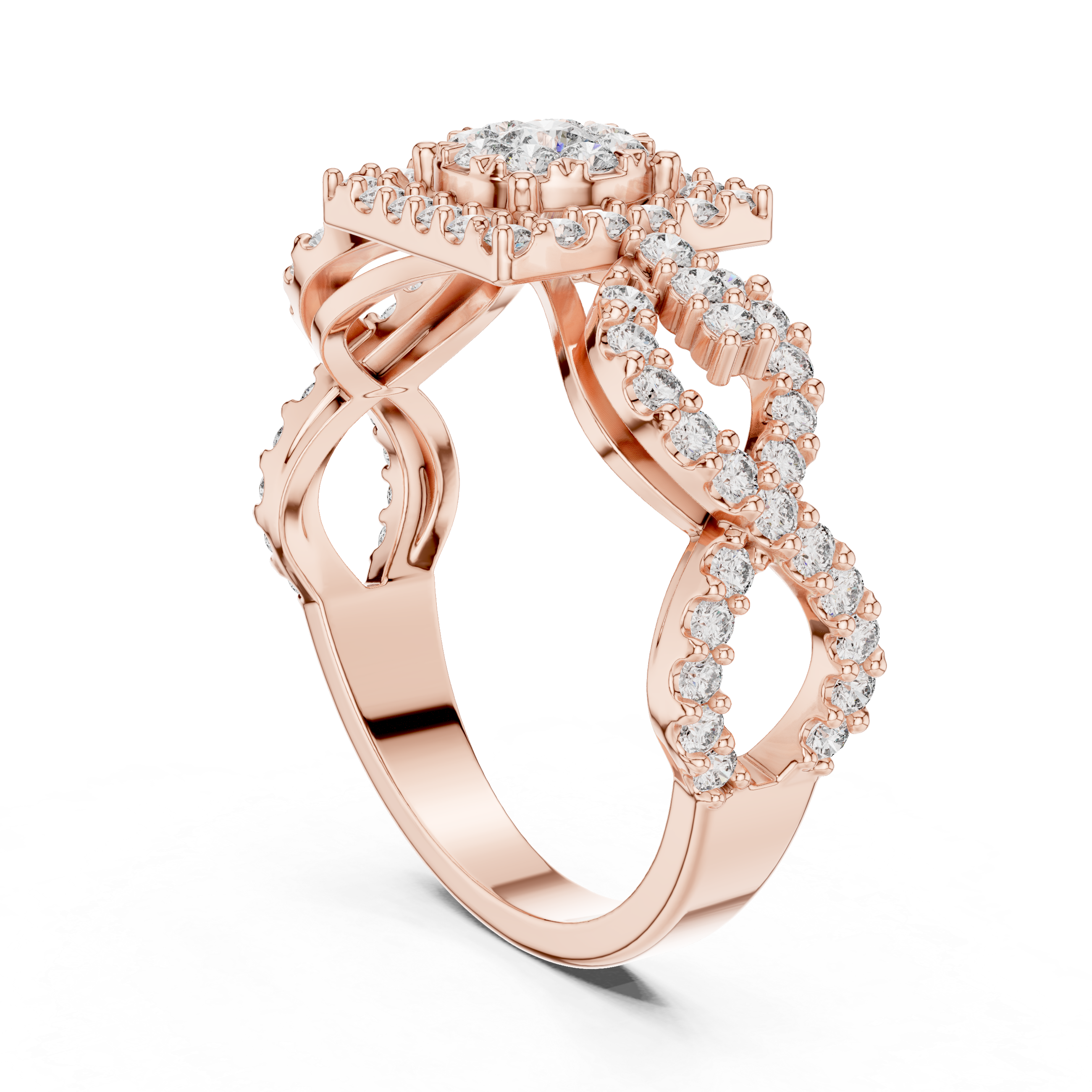 Diamond Cluster Ring with Intricate Twisted Band