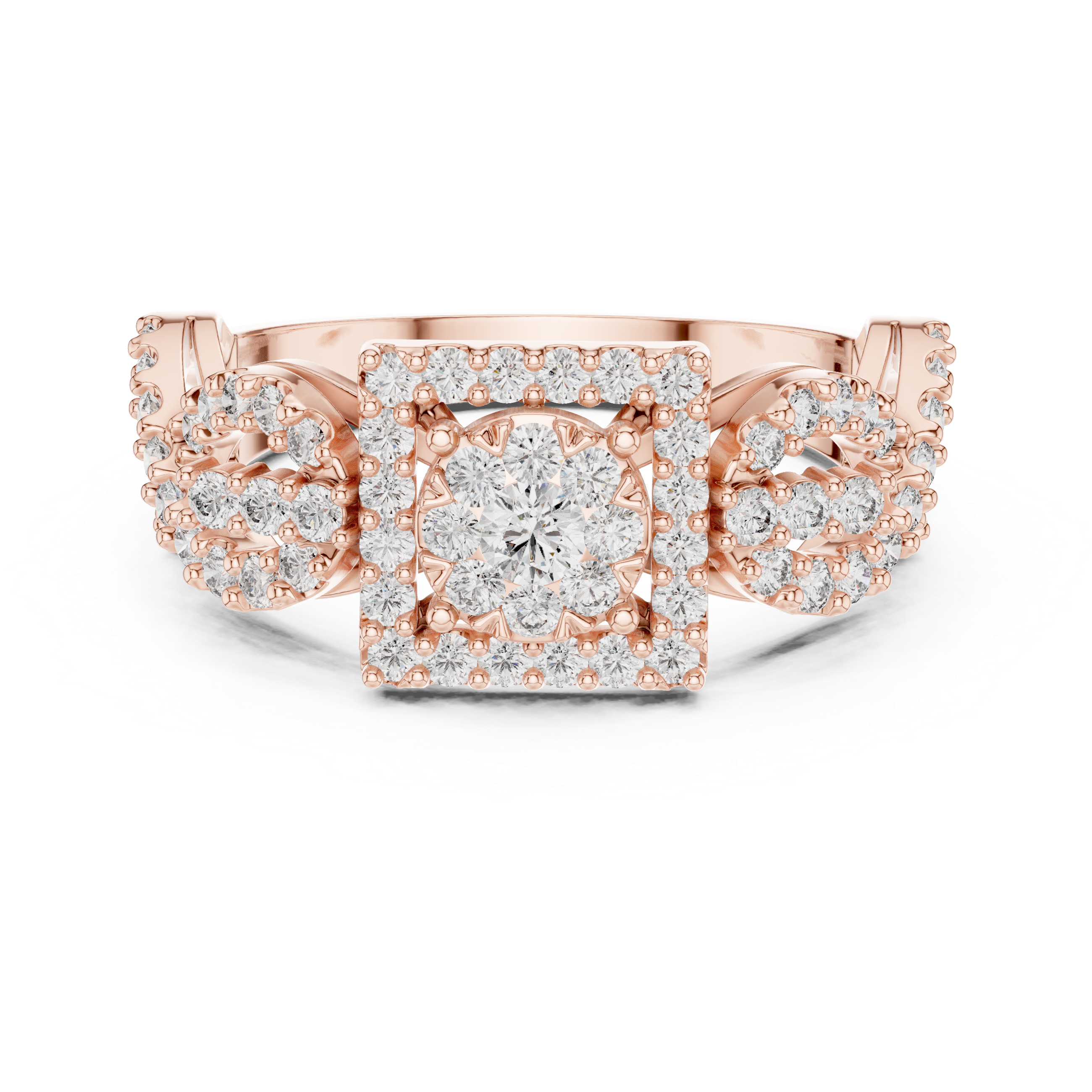 Diamond Cluster Ring with Intricate Twisted Band