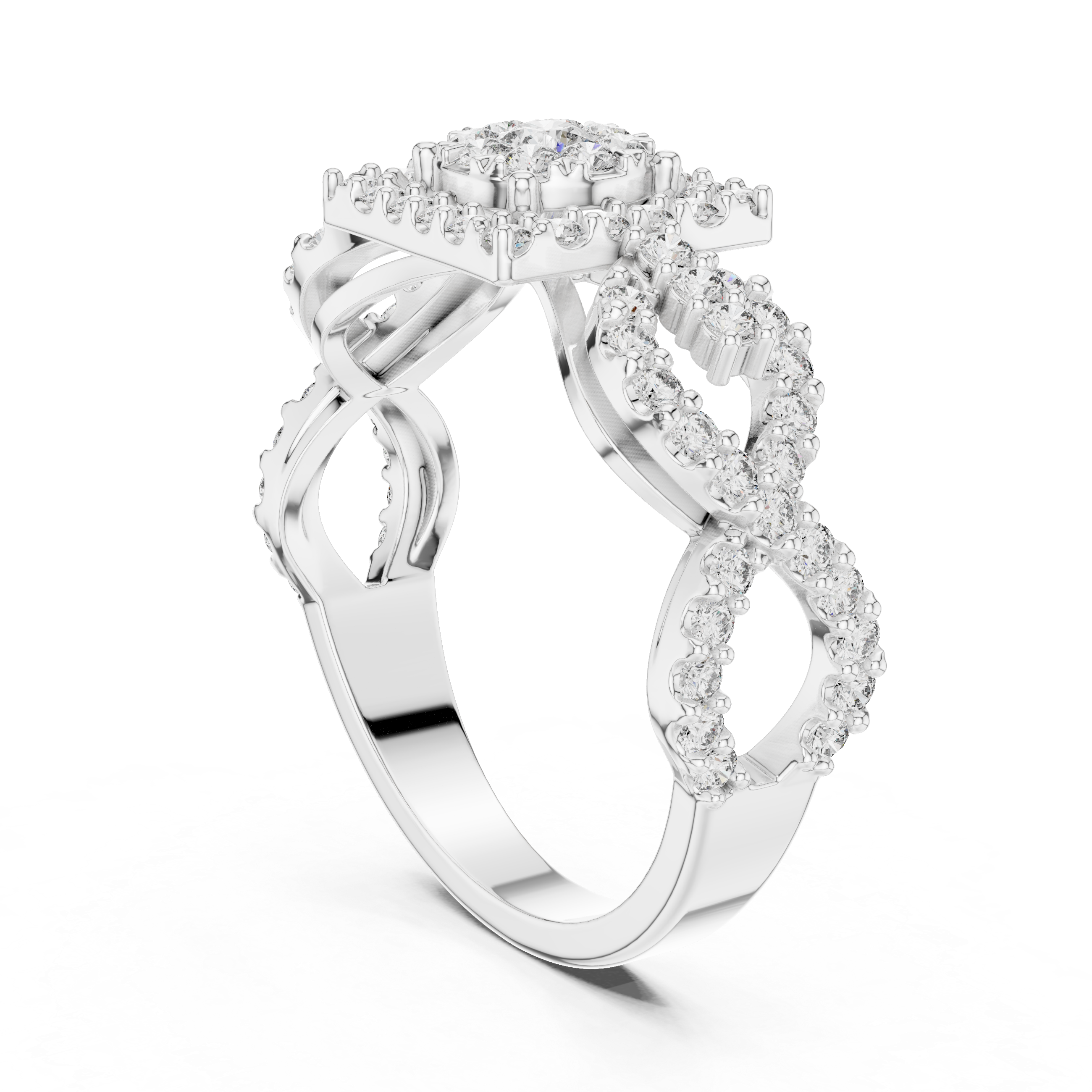 Diamond Cluster Ring with Intricate Twisted Band