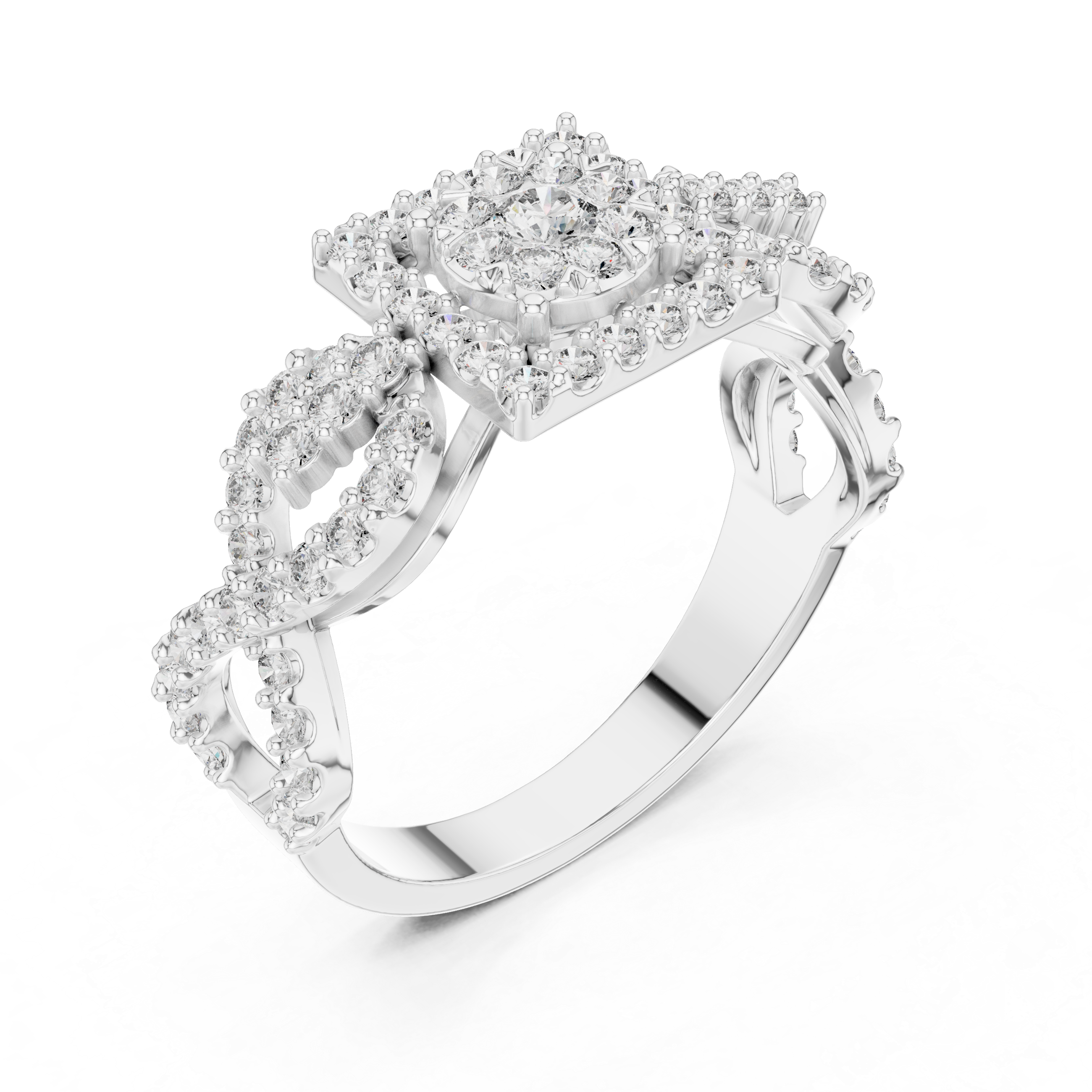 Diamond Cluster Ring with Intricate Twisted Band