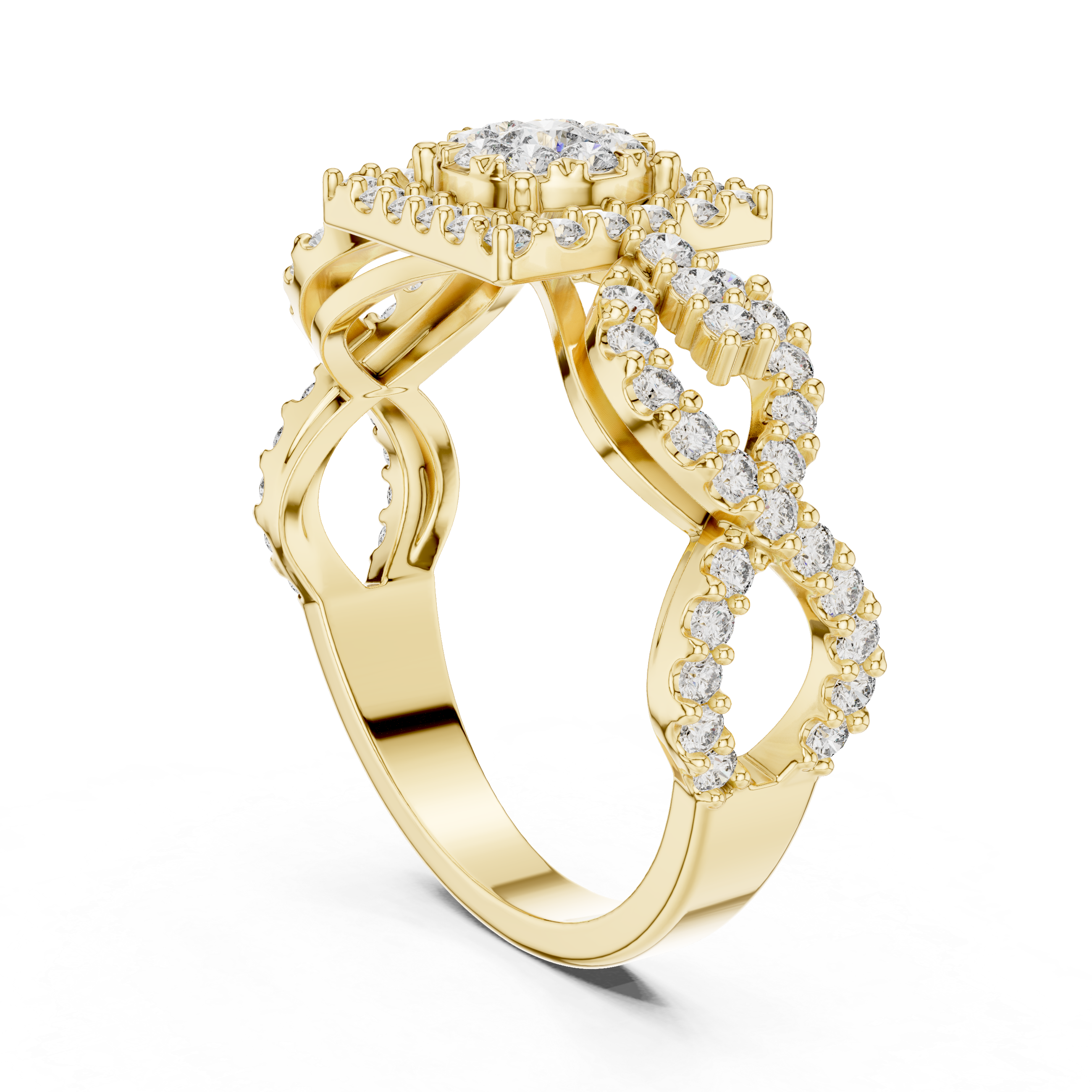 Diamond Cluster Ring with Intricate Twisted Band