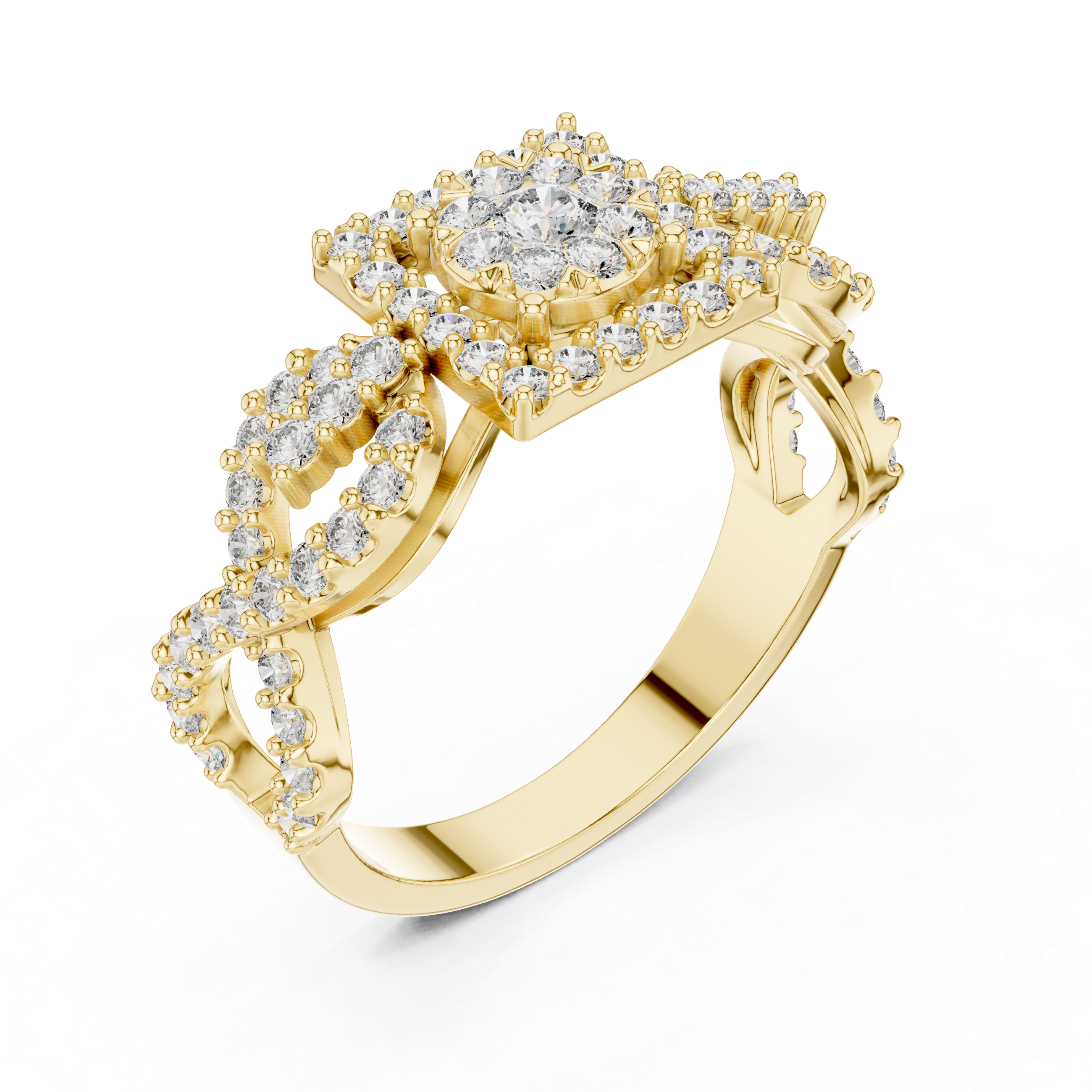 Diamond Cluster Ring with Intricate Twisted Band
