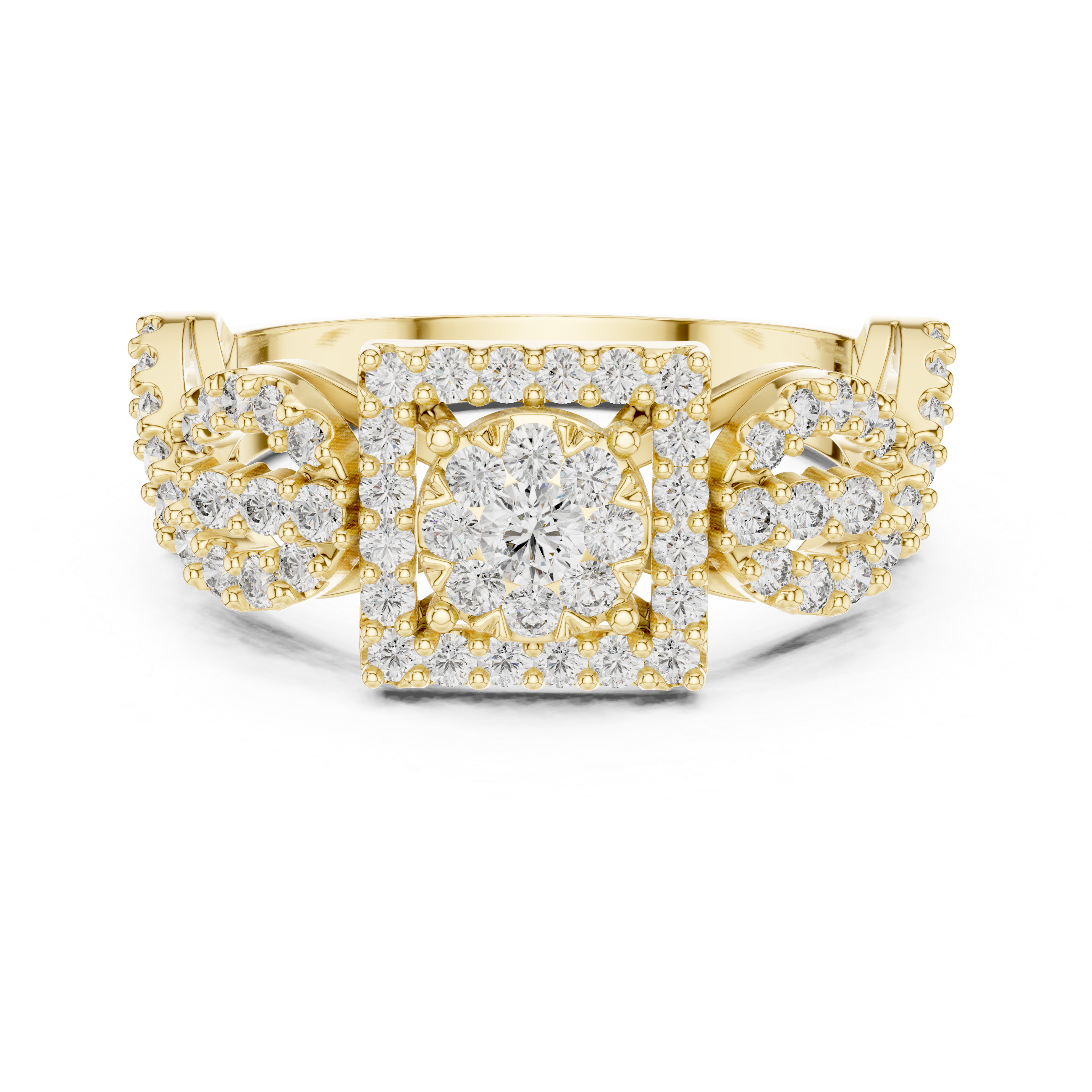 Diamond Cluster Ring with Intricate Twisted Band