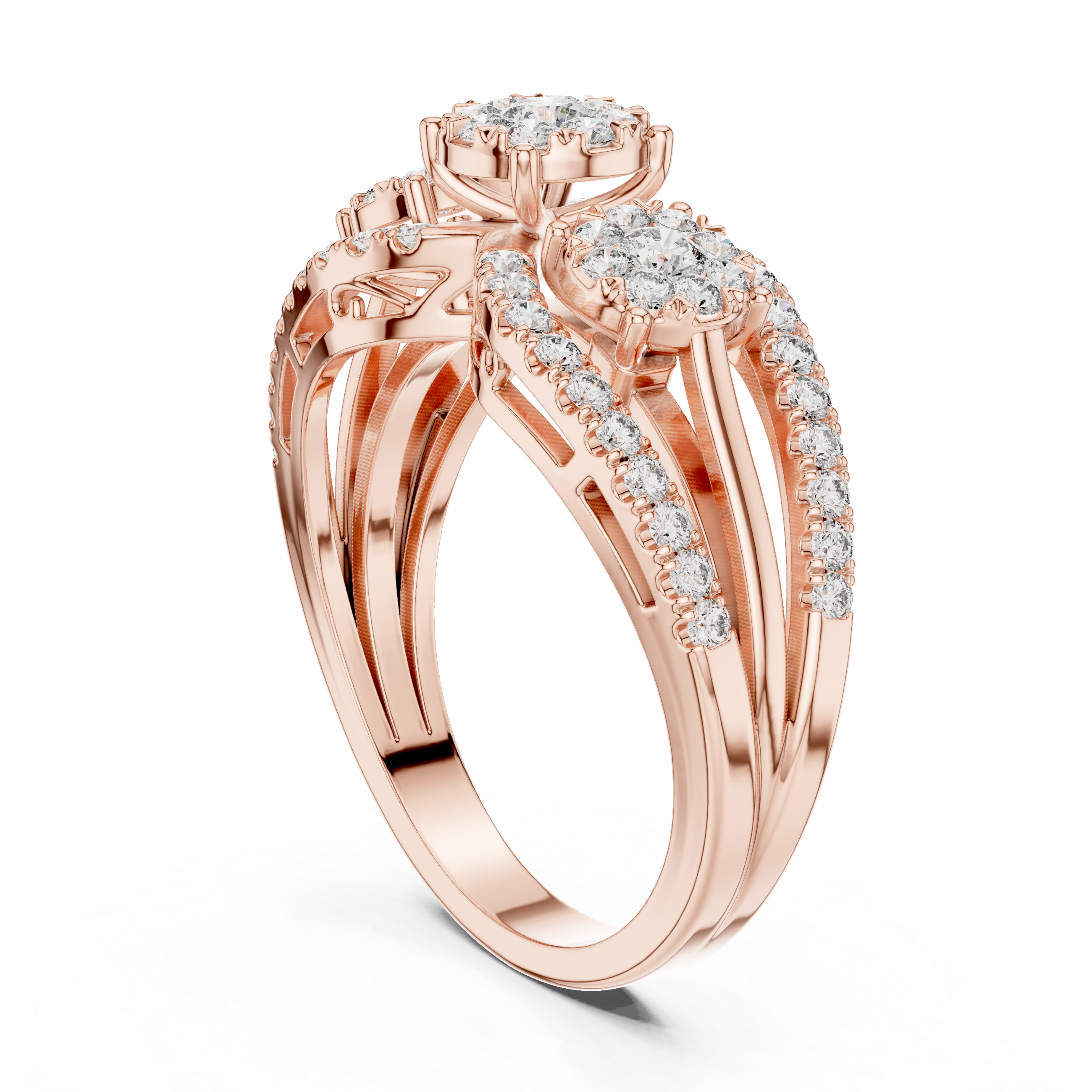 Sparkling diamond clusters and a split band design.