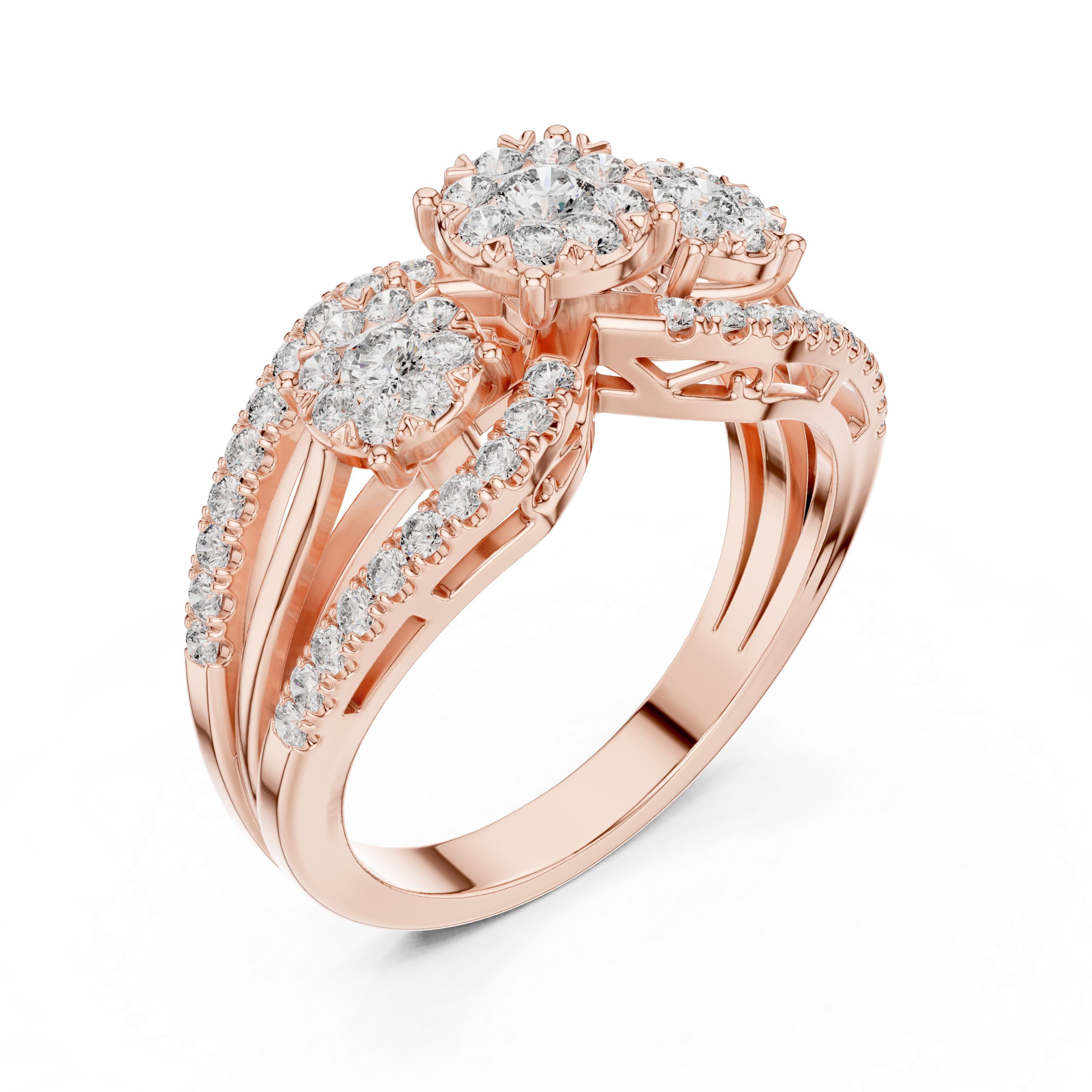 Sparkling diamond clusters and a split band design.