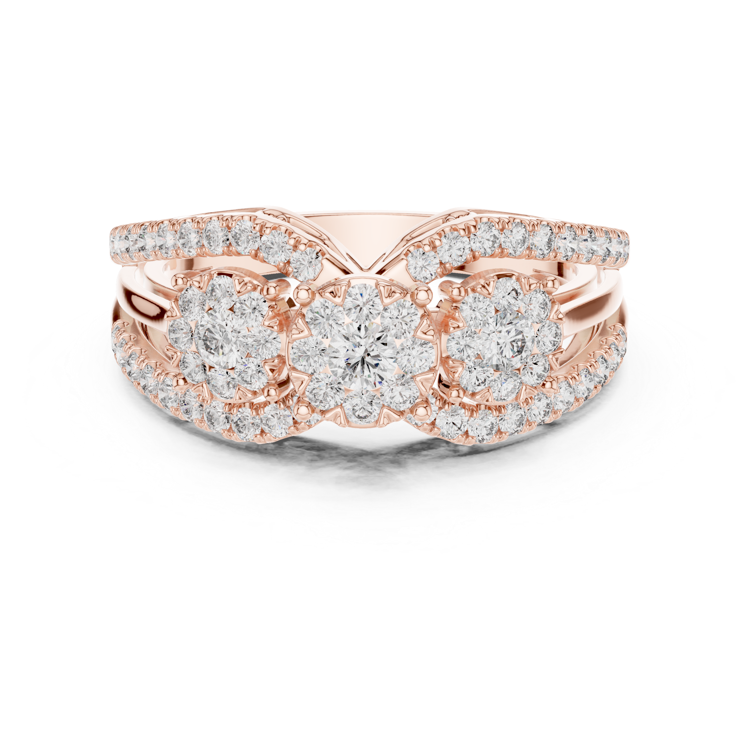 Sparkling diamond clusters and a split band design.